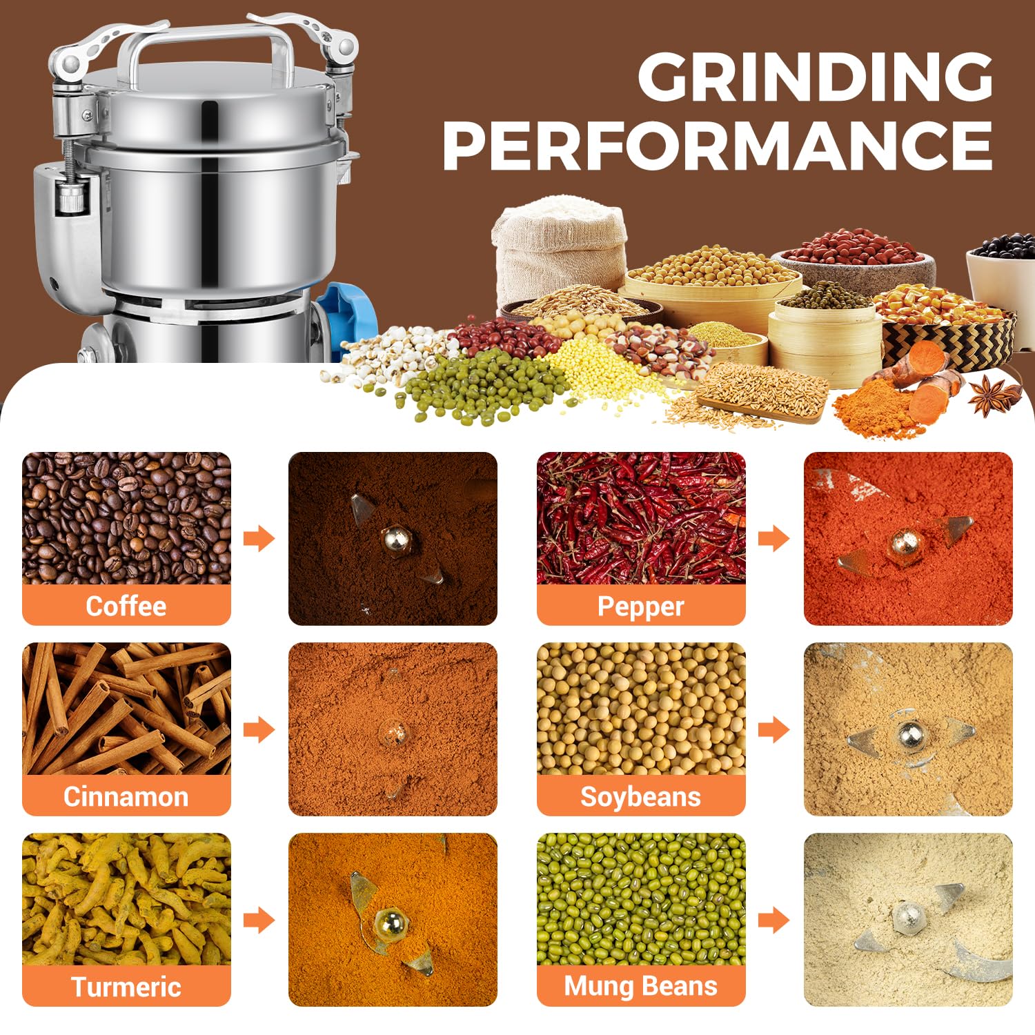 Commercial Electric Grain Mill Grinder 1500W - 500g Stainless Steel Spice Grinder for Wheat, Oats, Corn, Pepper & Coffee Beans - Perfect for Kitchen, Bakery & Coffee Shop Use