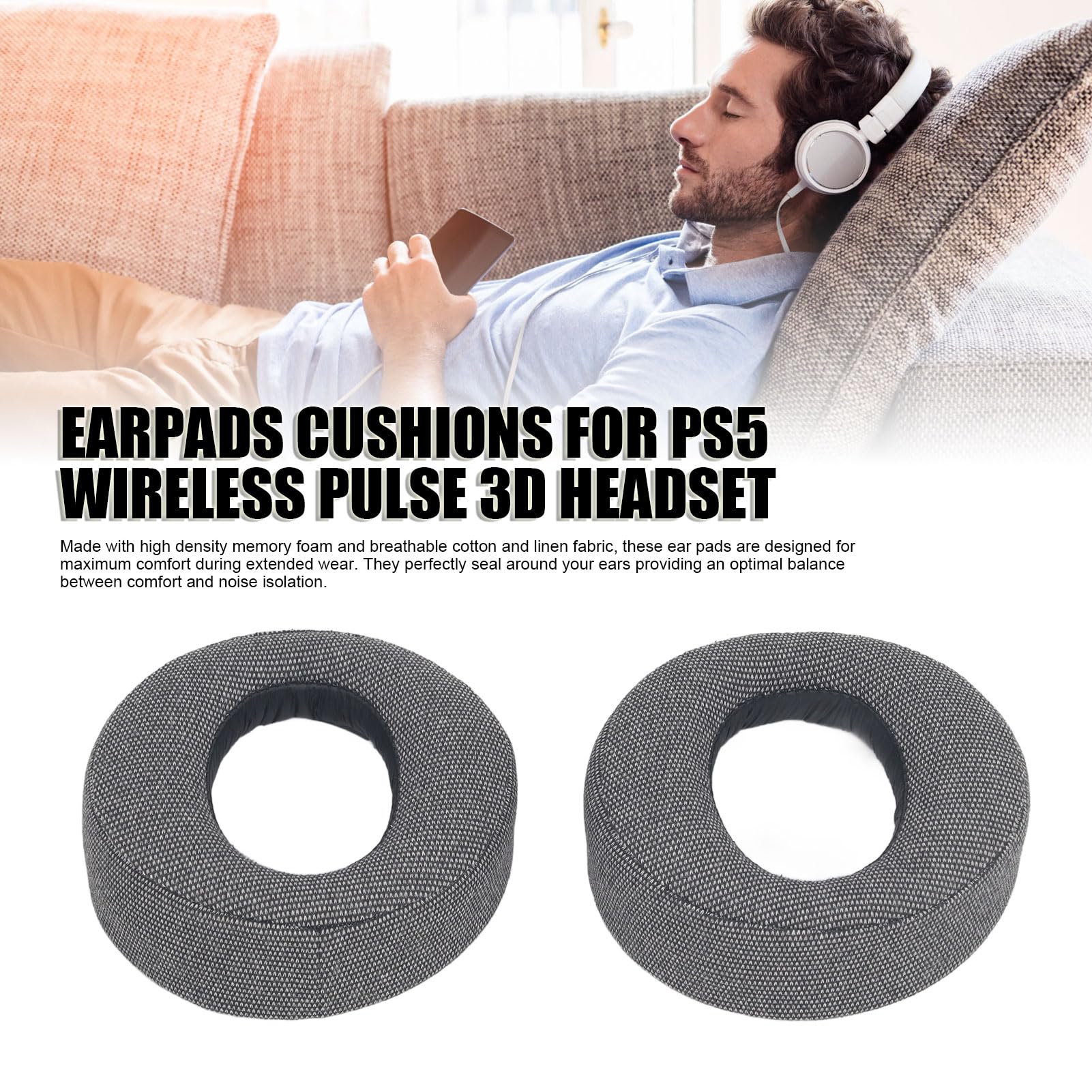 Septpenta Linen Memory Foam Replacement Ear Cushions for Pulse 3D Gaming Headset - Noise Isolating Comfort for PS5, PC & Xbox Gamers - Enhance Gaming Experience with Breathable Cooling Ear Pads