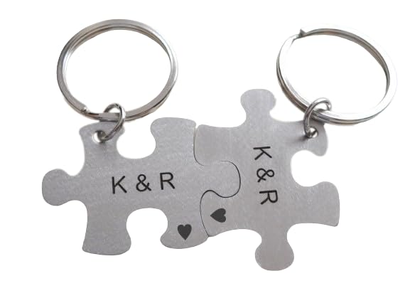 Custom Personalized Puzzle Keychains, Engraved Initials Anniversary Gift for Couples, Husband Wife, Boyfriend Girlfriend, Stainless Steel Keychains