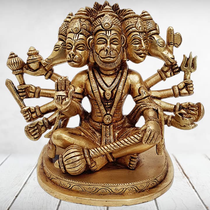 Panchmukhi Hanuman Brass Idol - Handcrafted Hindu God Statue for Home Altar, Office Decor & Spiritual Gifts | Perfect for Pooja Room, Meditation Space & Indian Cultural Display
