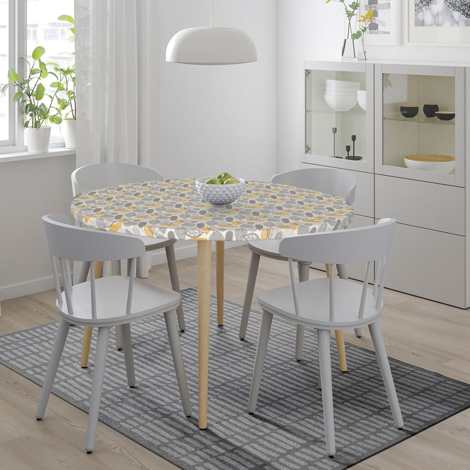 Waterproof Elastic Edged Round Fitted Tablecloth - Yellow Grey Leaves Design for 40