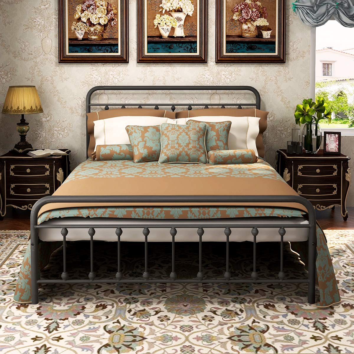 Vintage Elegant Queen Metal Bed Frame with Headboard & Footboard - Sturdy Iron Slat Platform Bed, Queen Size Bedroom Furniture for Master & Guest Rooms | Perfect for Modern, Farmhouse & Industrial Style Decor