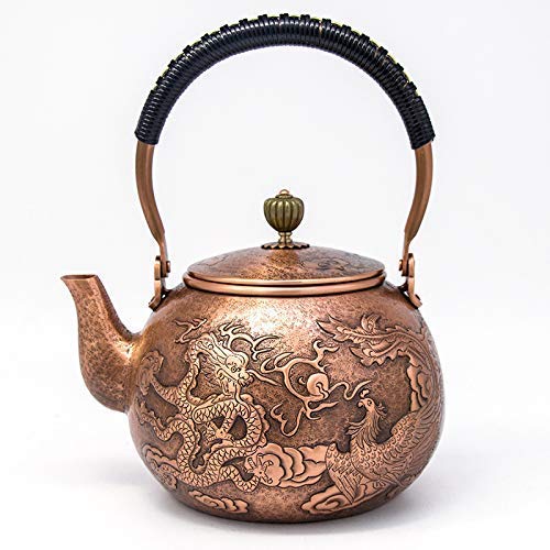 Premium Handmade Pure Copper Teapot - Japanese Embossed Dragon & Phoenix Design - 1300ml Kungfu Tea Set for Traditional Brewing | Perfect for Chinese Tea Ceremonies, Home Decor & Gift Giving