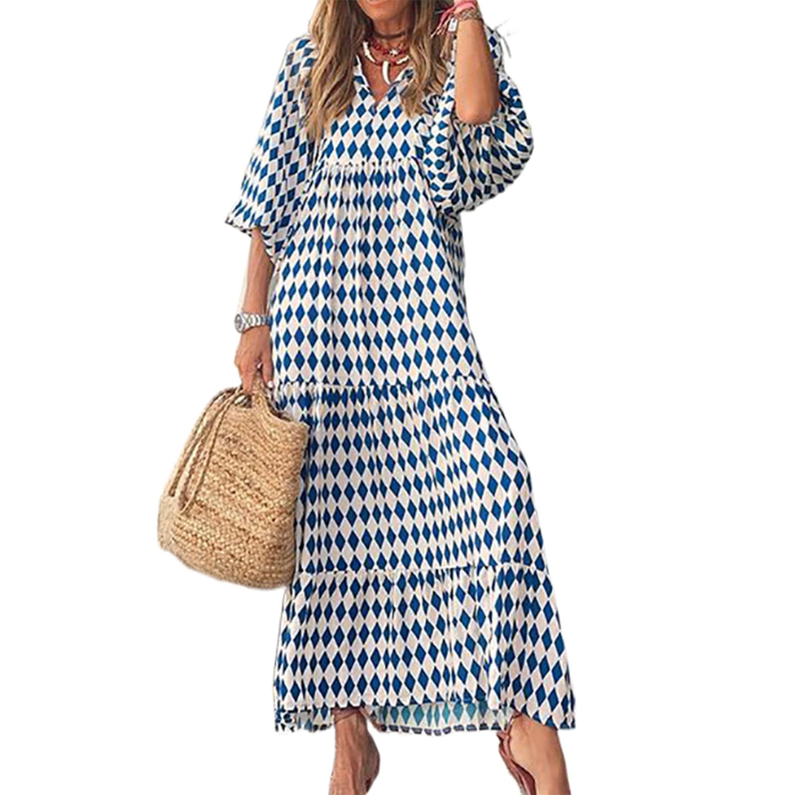 Women's Bohemian Floral Maxi Dress - V-Neck Puff Sleeve Summer Sundress for Beach, Vacation & Outdoor Parties | Lightweight Flowy Dress for Women