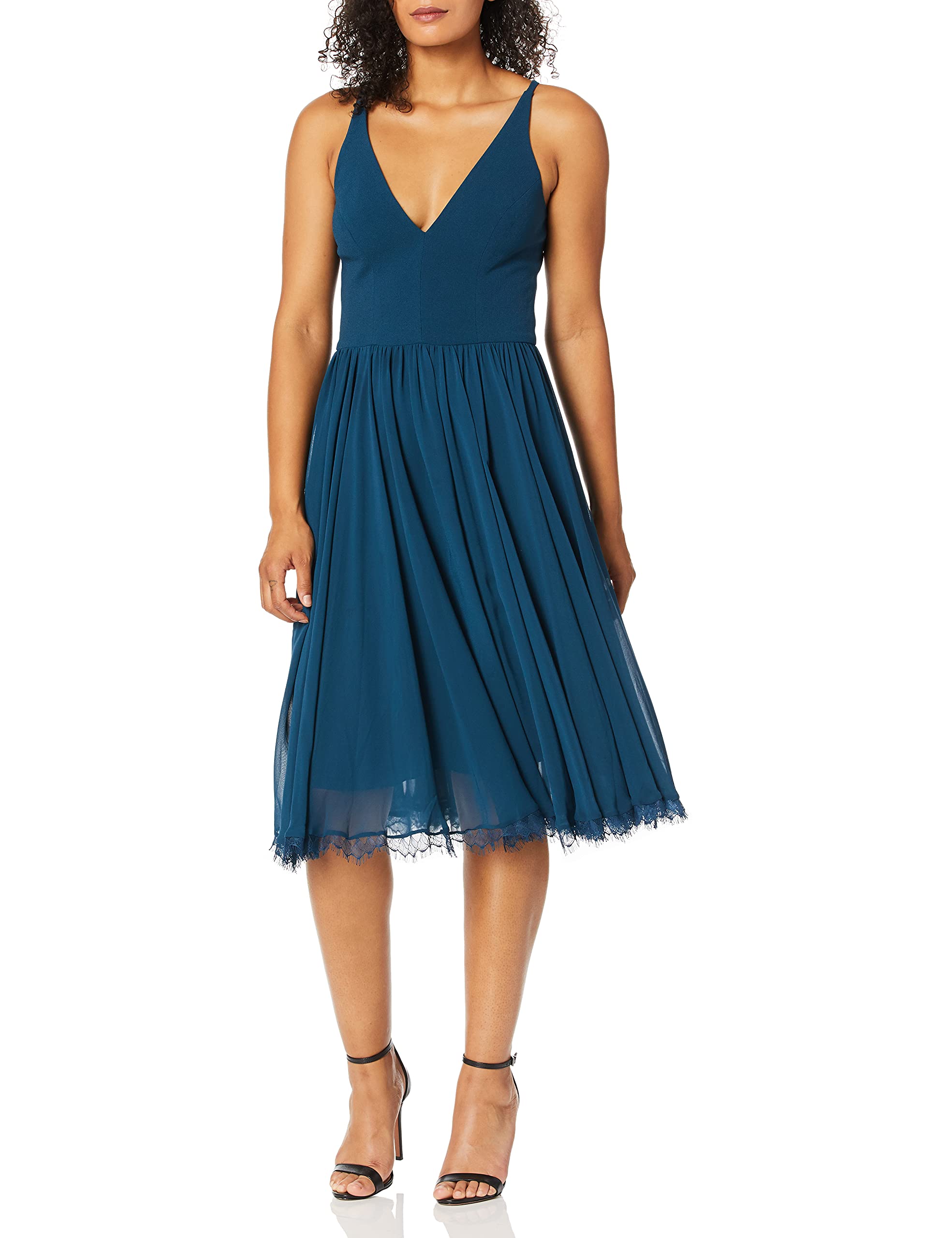 Dress the Population Women's Alicia Plunging V-Neck Sleeveless Fit & Flare Midi Dress - Perfect for Cocktail Parties, Date Nights & Special Occasions