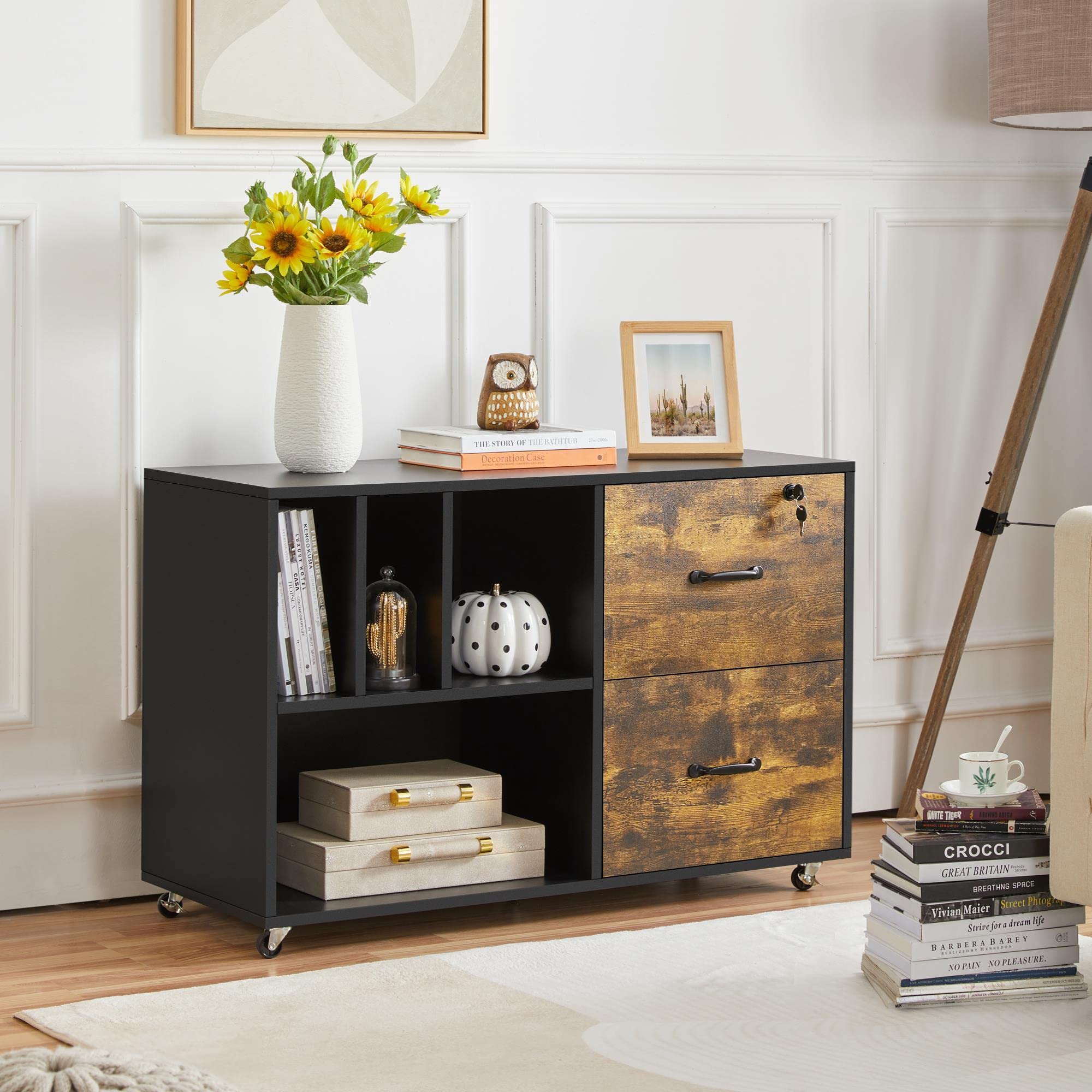 Yaheetech 4-Shelf Rolling File Cabinet with Wheels - Letter & A4 Size Home Office Storage, Black/Rustic Brown - Perfect for Organizing Documents, Printer Stand, and Office Supplies