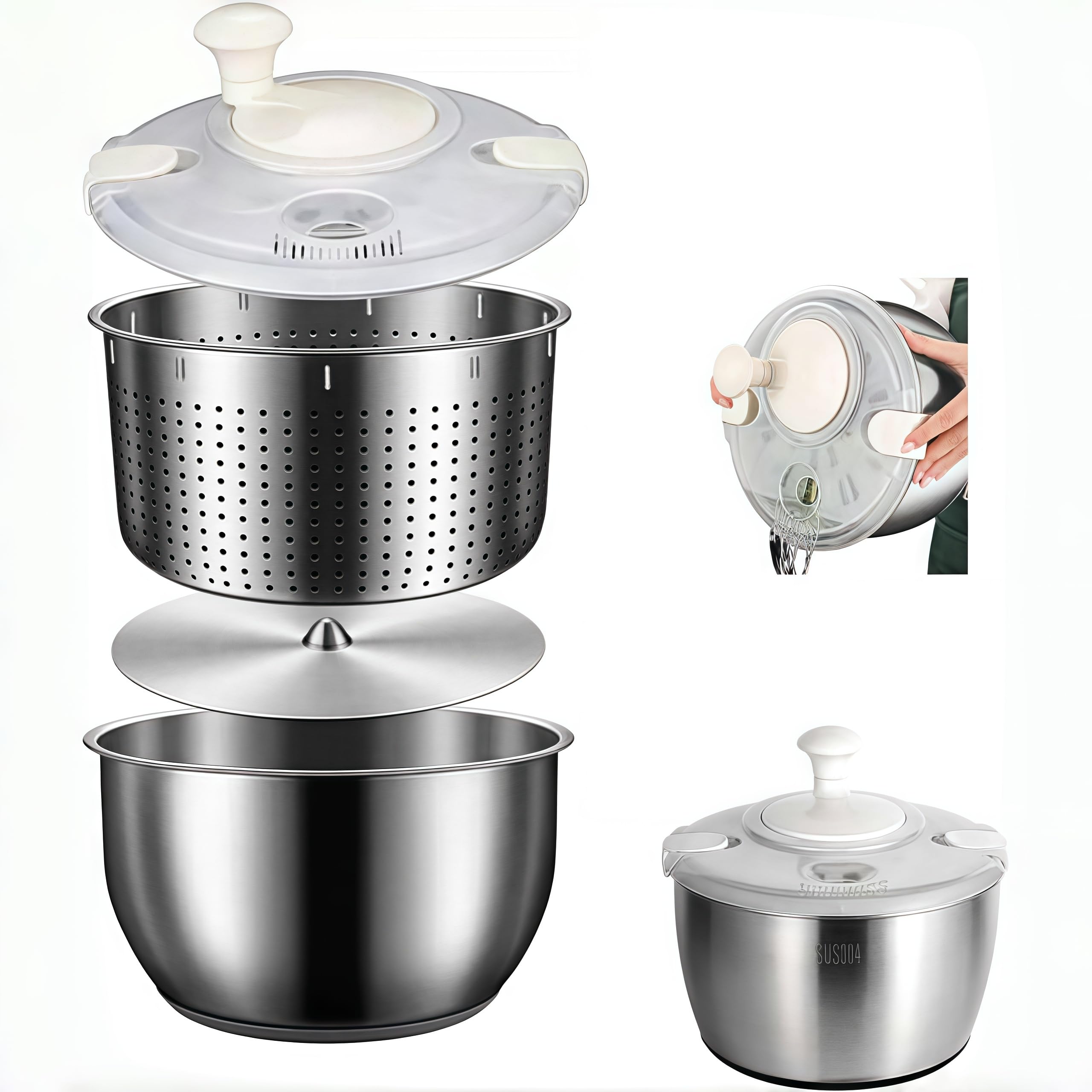 6L Stainless Steel Salad Spinner - Commercial Grade Vegetable & Fruit Washer, Lettuce Dryer, Pasta Spinner - Perfect for Home Kitchens, Restaurants & Meal Prep