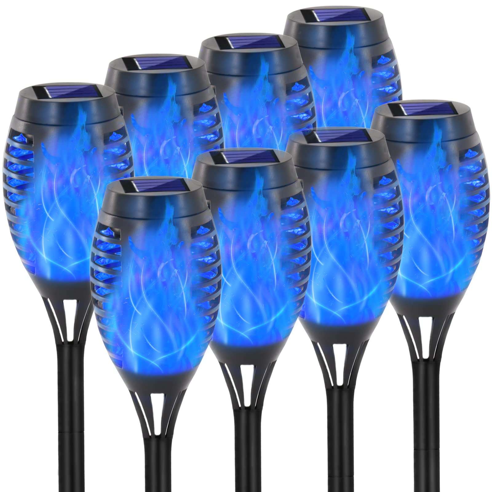 8 Pack Blue Solar Torch Lights with Flickering Flame - 12 LED Solar Tiki Torches for Outdoor, Waterproof Landscape Decoration - Perfect for Garden, Yard, Patio Lighting & Ambiance