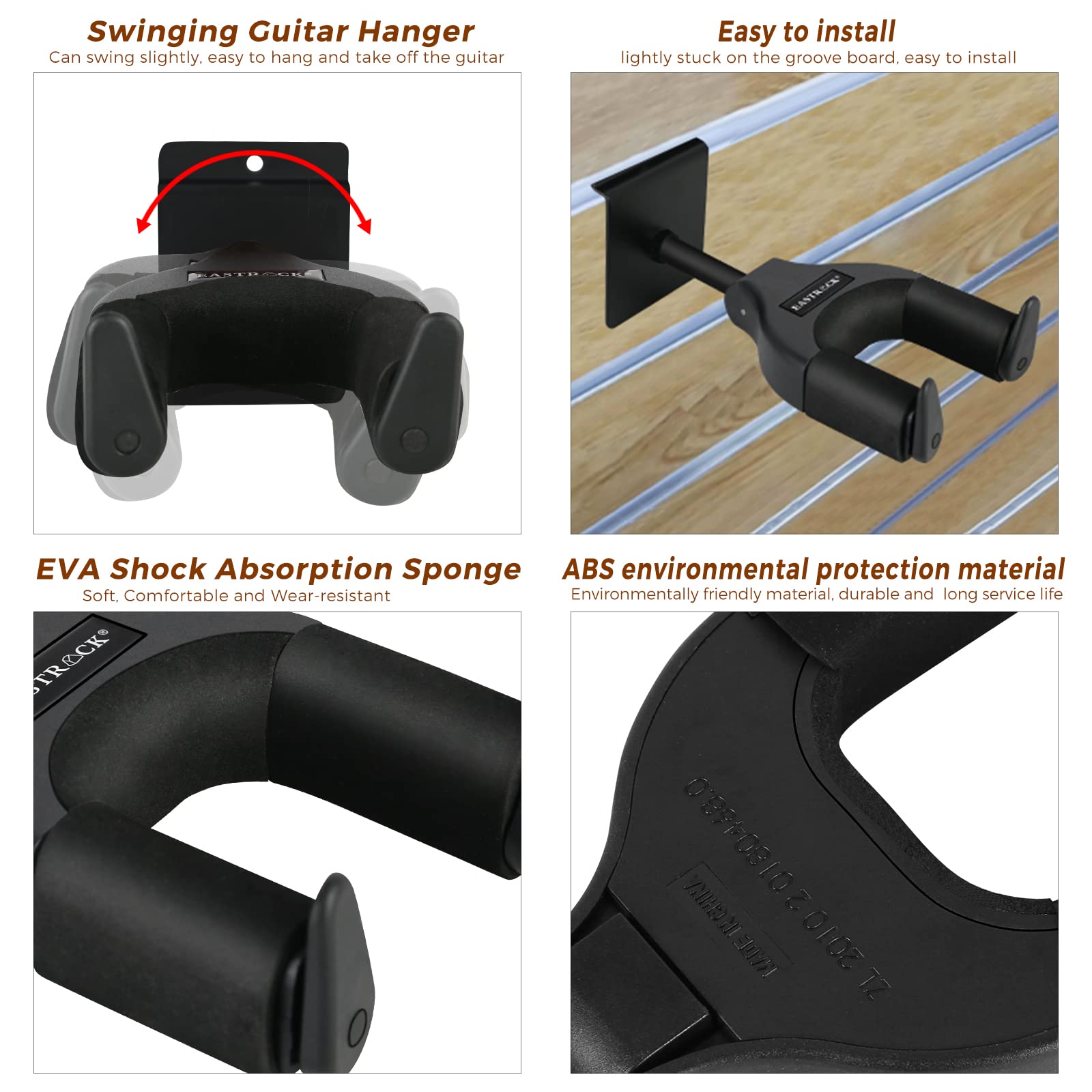 EASTROCK Slatwall Guitar Wall Hanger - Secure Locking Mount for Acoustic, Electric, Bass Guitars, Banjos & Mandolins | Durable Black Display Hook Holder for Home, Studio & Music Store Organization
