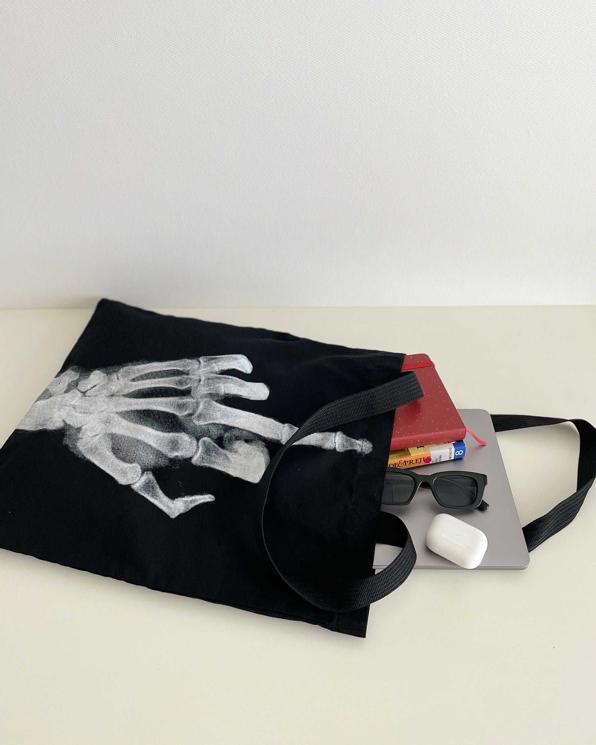 Eco-Friendly Skeleton Finger Print Canvas Tote Bag - Reusable Grocery Shopping Bag for Halloween, Beach, Gym & Daily Use