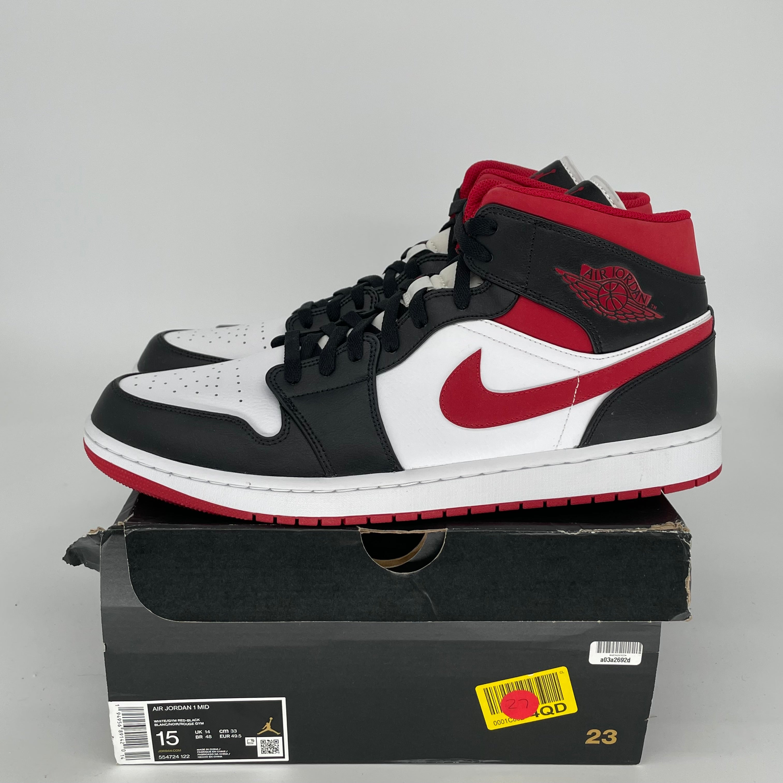 AIR JORDAN 1 MID GYM RED BLACK WHITE Men's Basketball Shoes Size 15 (554724-122) - Perfect for Streetwear, Sneaker Collection & Casual Sports