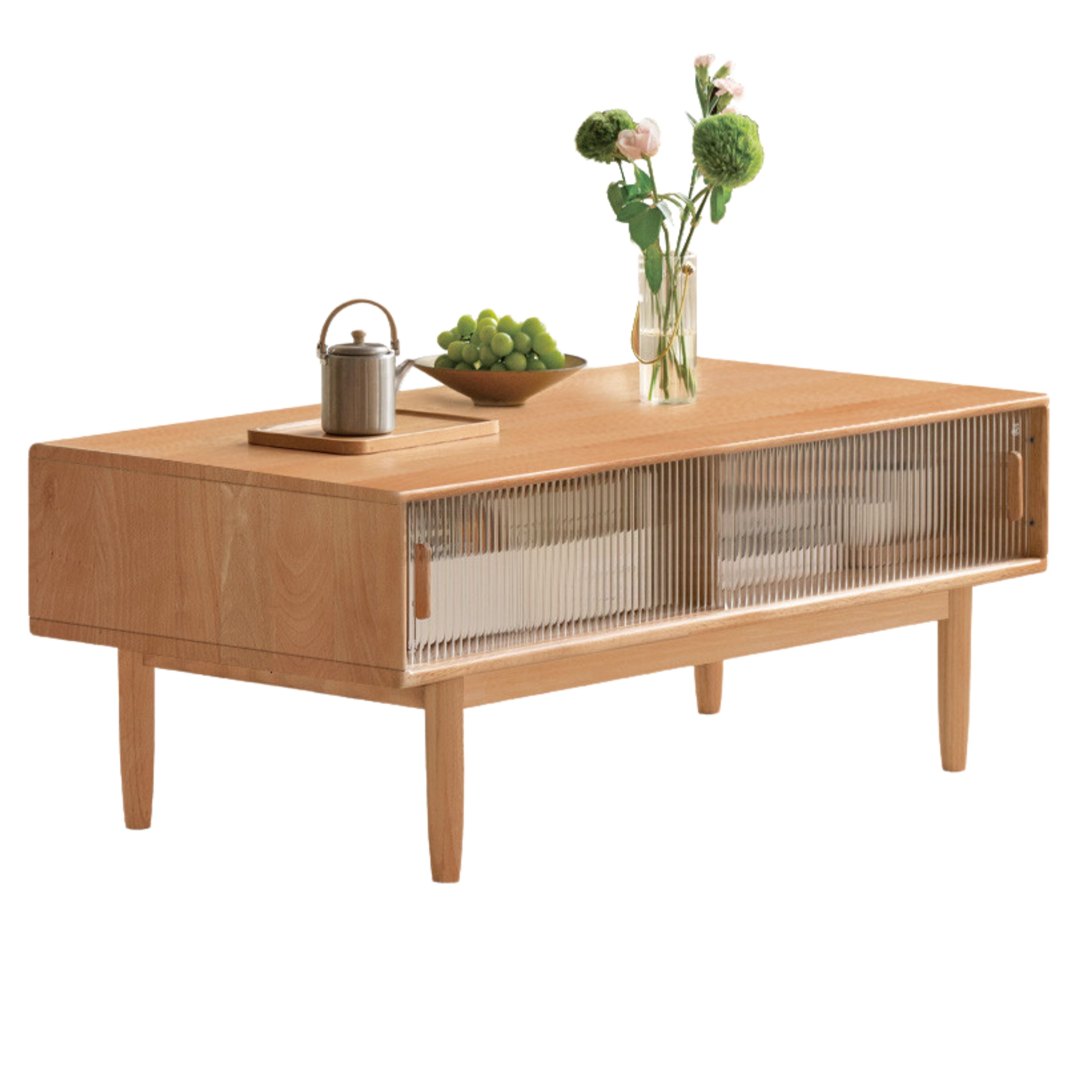 Solid Oak and Beech Wood Coffee Table with Glass Doors - Modern Living Room Furniture for Home Decor and Entertainment