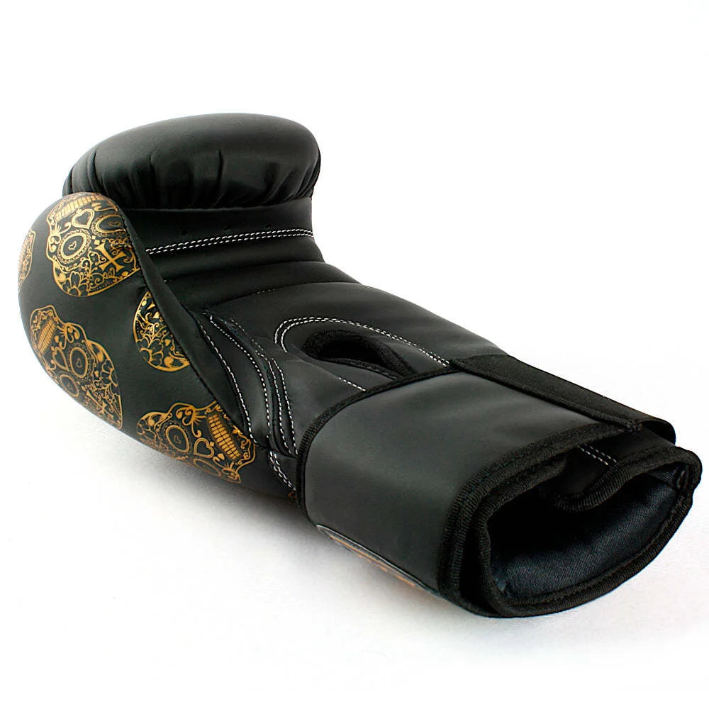Premium 12oz Black Boxing Gloves with Urban Gold Skulls Design - Perfect for Training, Sparring, and Fitness Workouts