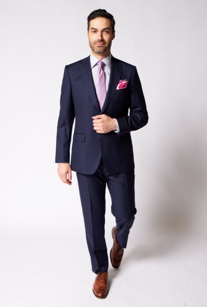 Henry Sartorial Herringbone Wool Suit for Men - Navy Blue Slim Fit Business Suit - Perfect for Weddings, Office & Formal Events