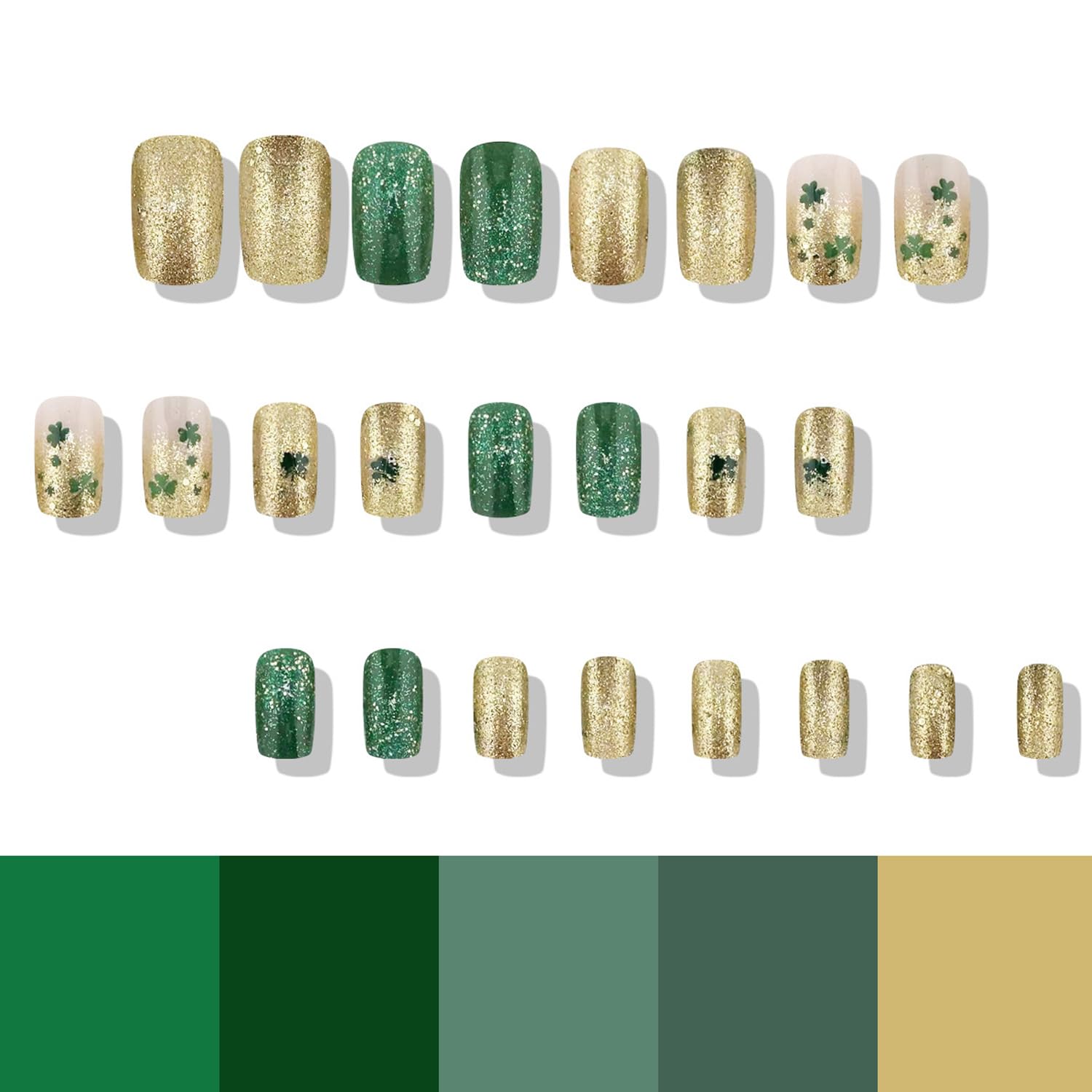 St. Patrick's Day Press On Nails - Medium Coffin Fake Nails with Lucky Clover Design, Green Gold Glitter & French Tips | 24Pcs Shamrock Glitter Full Cover Artificial Nails for Women | Perfect for Parties, Festivals & Irish Celebrations