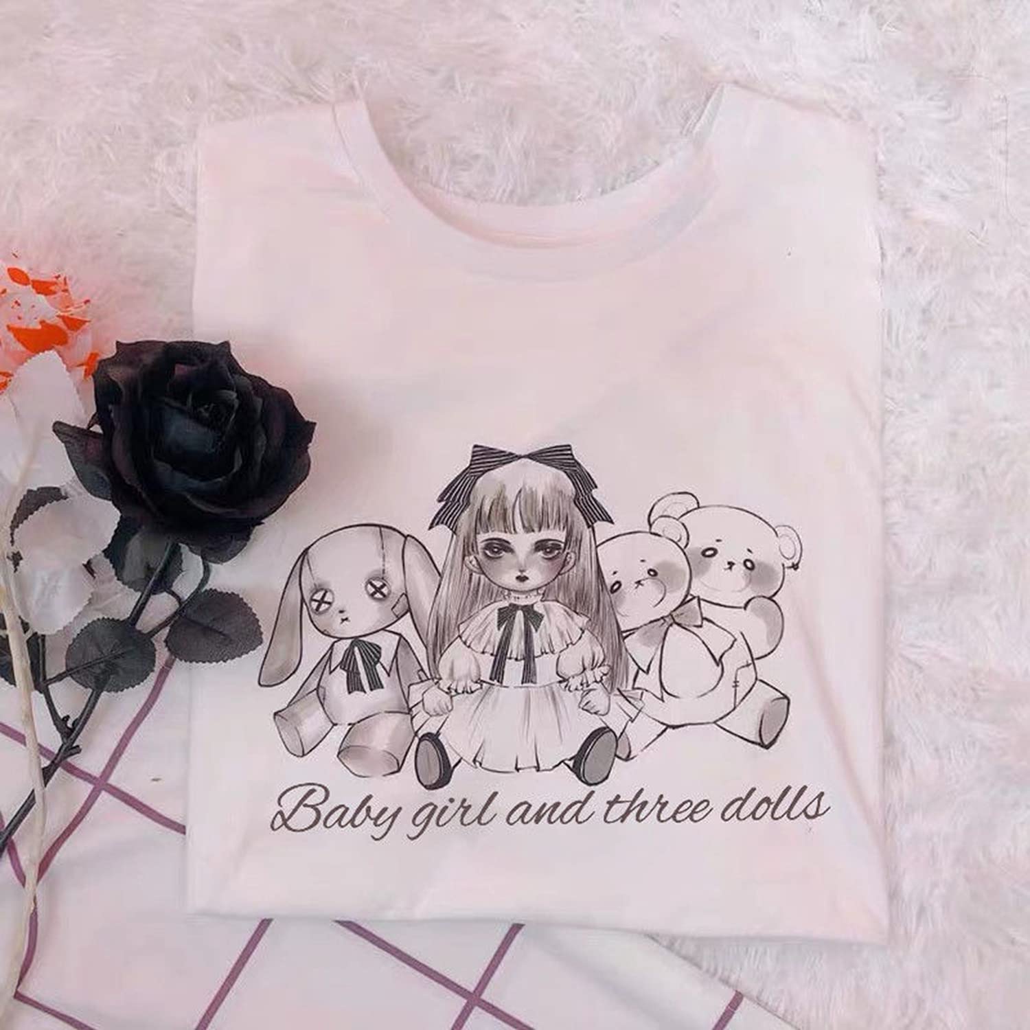 Women's Summer Goth T-Shirt - Creepy Doll & Bear Graphic Print Harajuku Style Korean Streetwear Top | Casual Wear for Concerts, Halloween, and Alternative Fashion