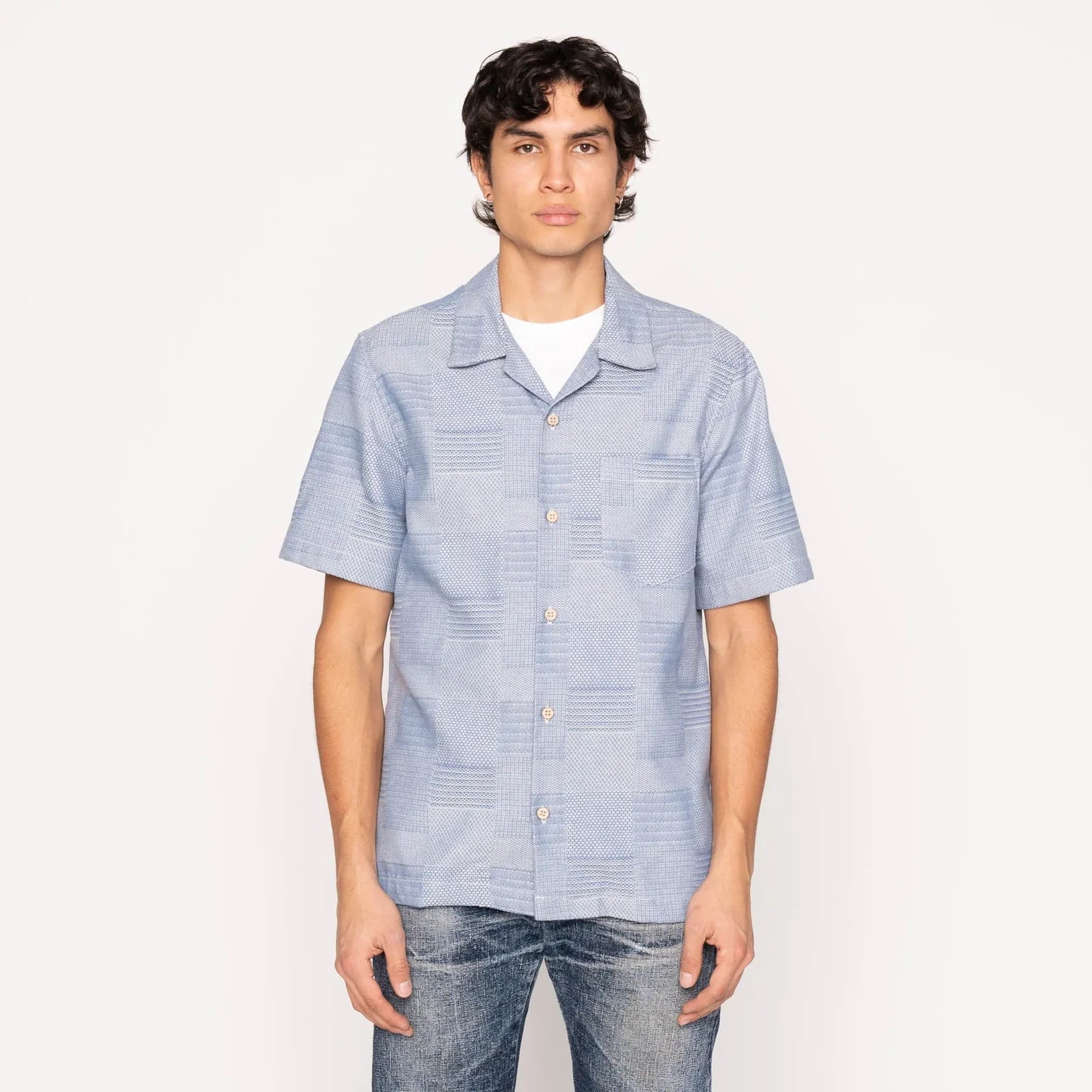 Stylish Aloha Shirt Dobby Patchwork in Pale Blue - Perfect for Summer Vacations & Beach Parties