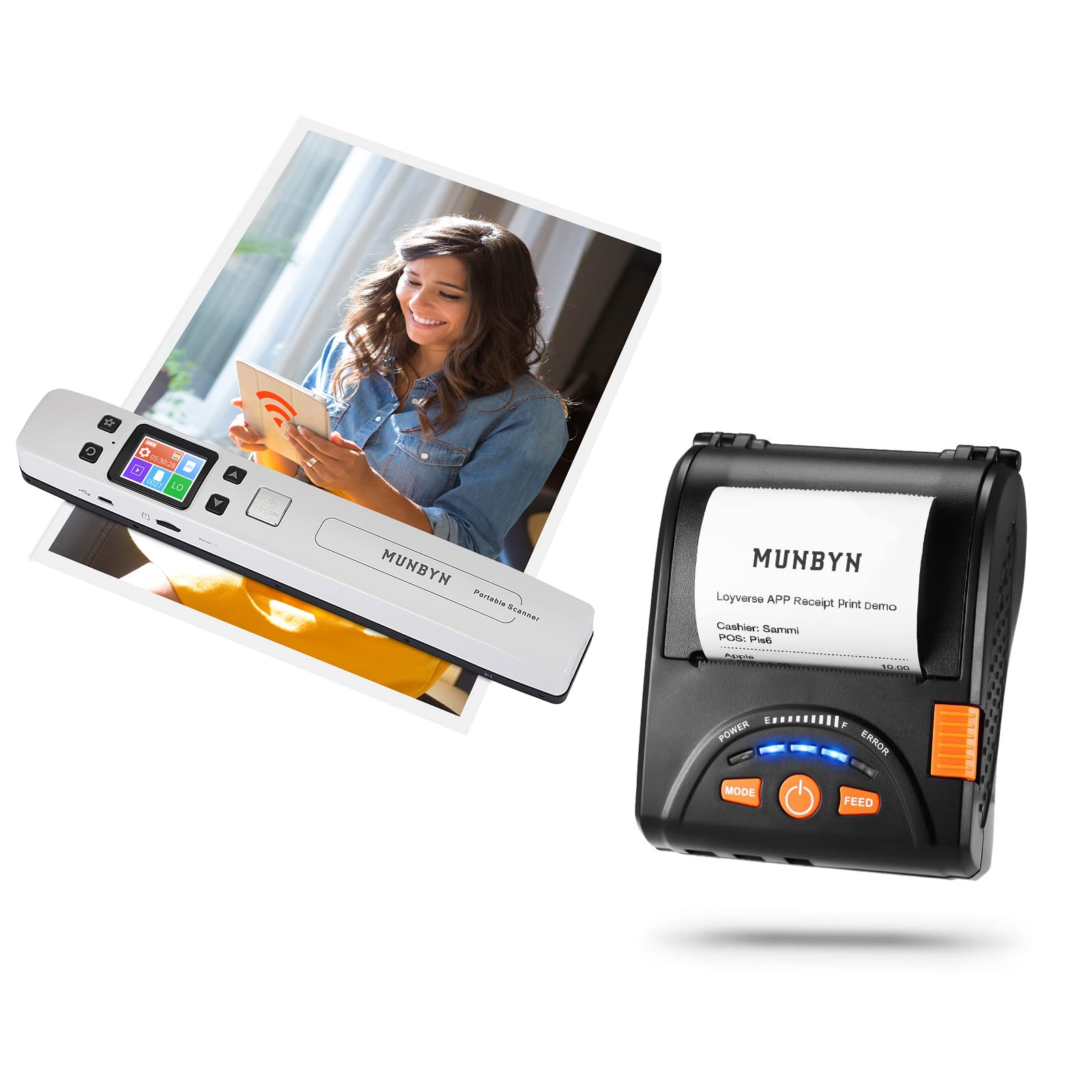MUNBYN 58mm Bluetooth Thermal Receipt Printer - Portable Mini POS Printer for Android, ESC/POS Compatible with Leather Belt - Ideal for Retail Stores, Restaurants & Mobile Businesses (Document Scanner Included)