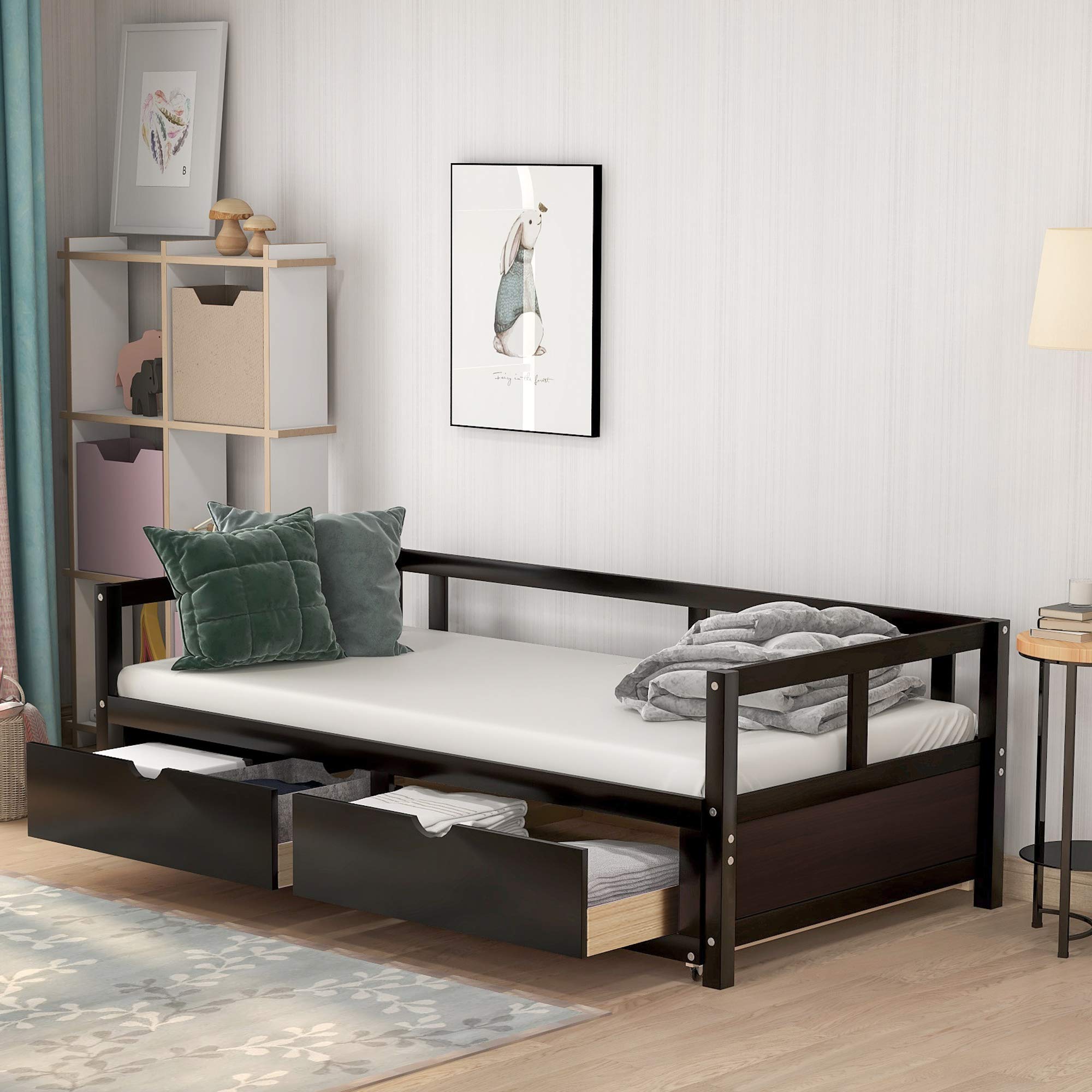 Merax Wooden Daybed with Trundle Bed & 2 Storage Drawers - Convertible Sofa Bed for Guest Room, Living Room & Small Spaces (Espresso Finish) - Perfect for Sleepovers, Home Office & Multi-Functional Furniture Needs