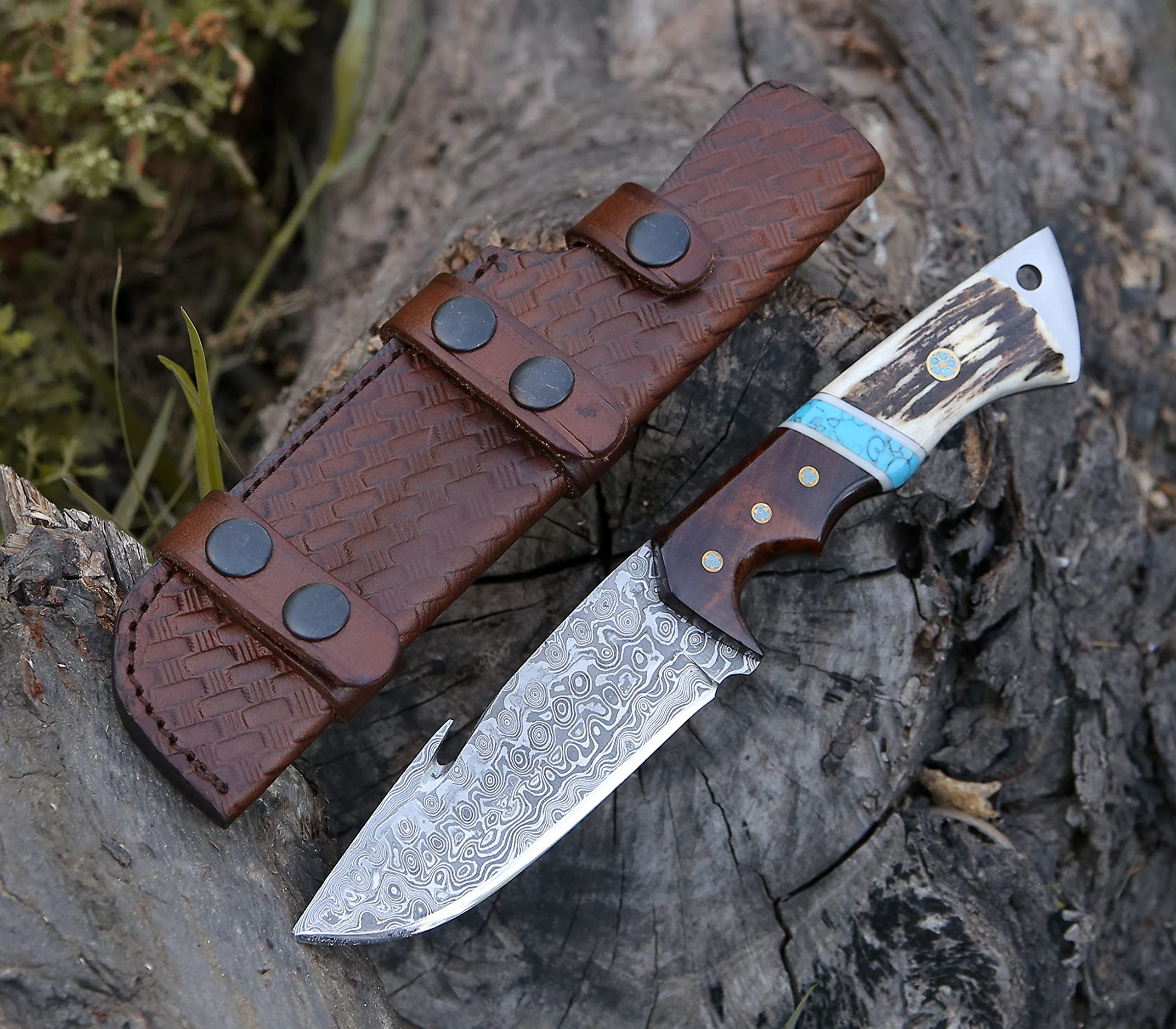 ExoSharp Damascus Gut Hook Hunting Knife - 9.5
