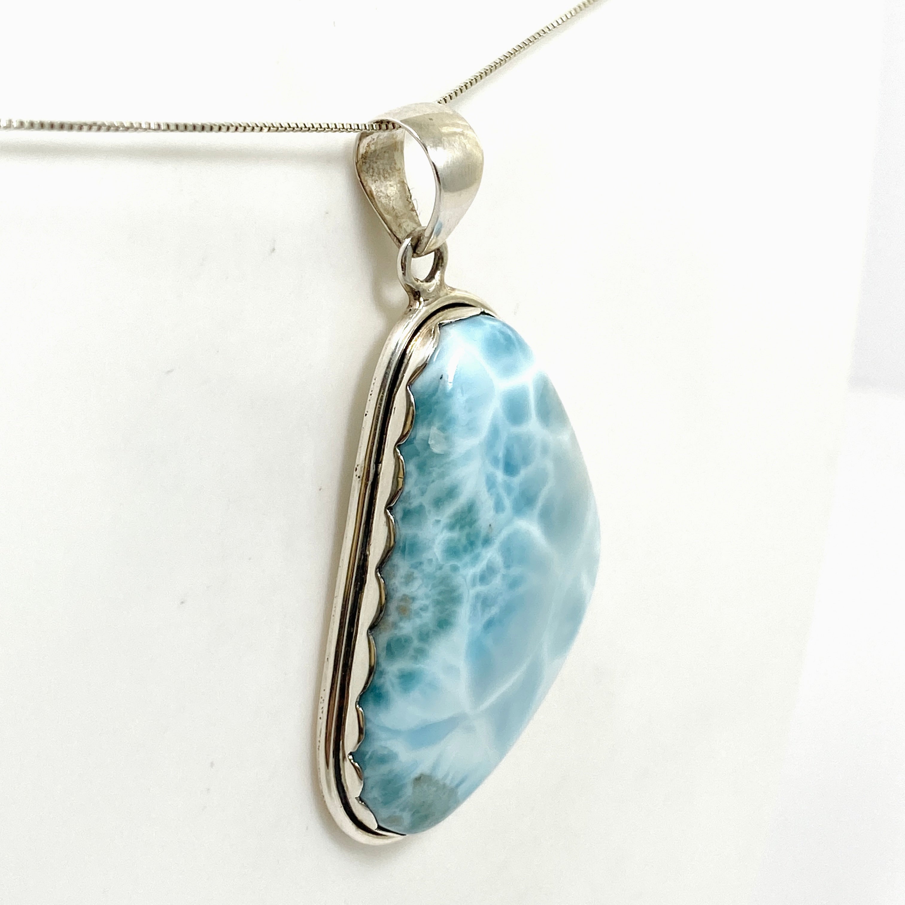 Natural Larimar Freeform Cabochon Pendant Necklace - Handmade Blue Stone Jewelry for Women - Perfect for Beach Vacations & Boho Fashion
