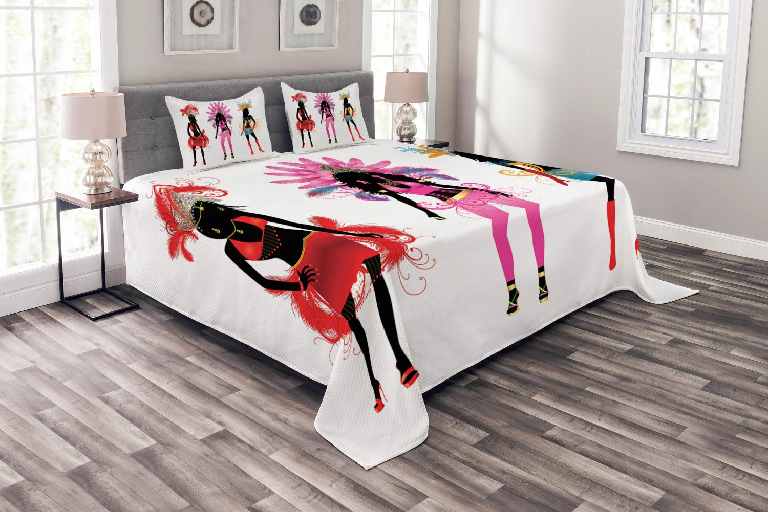 Ambesonne Fashion Bedspread Set - Colorful Carnival Print with Woman Silhouettes, 3-Piece Quilted Coverlet & 2 Pillow Shams, King Size Multicolor | Perfect for Bedroom Decor, Guest Room Styling & Bohemian Home Aesthetic
