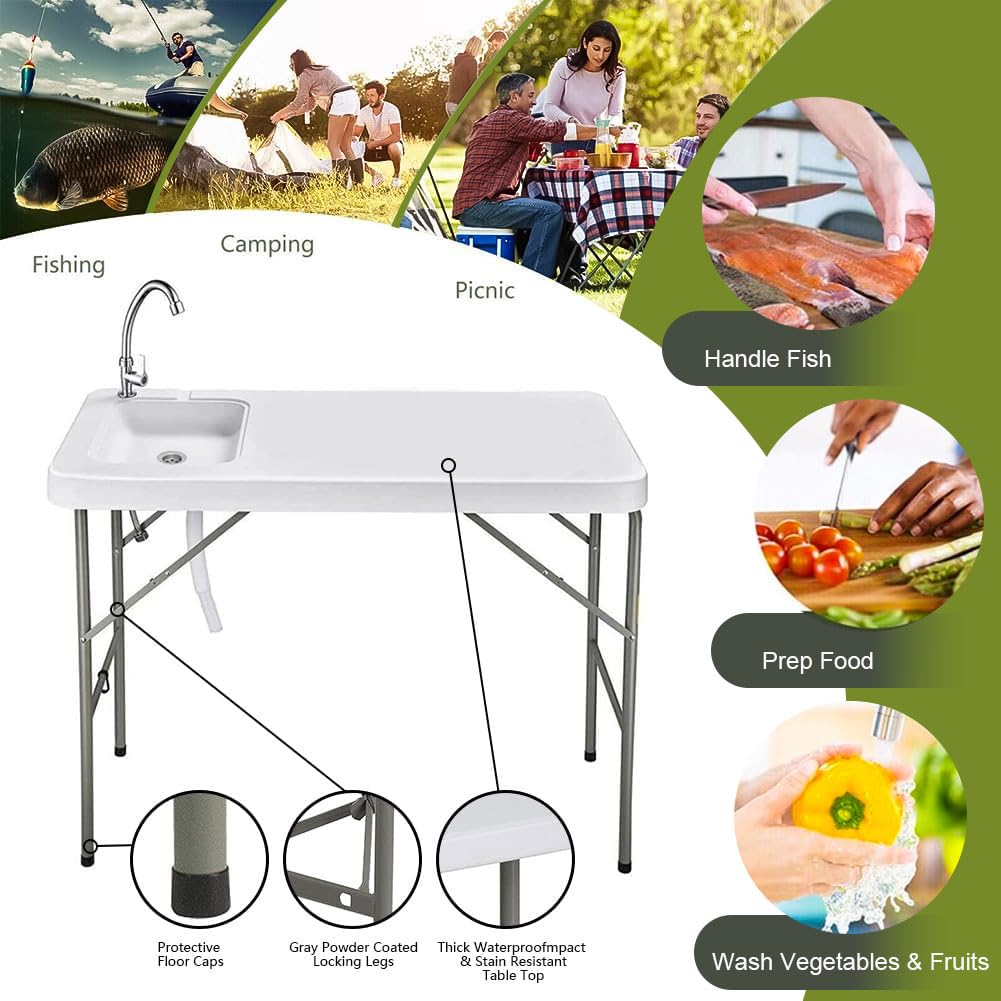 4ft Portable Folding Table with Sink & Faucet - White Outdoor Camping Kitchen Table for Picnic, Fishing, Garden Cleaning & RV Use