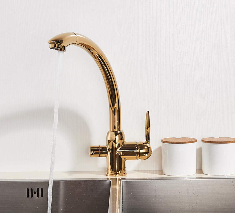 Golden Deck Installation Kitchen Faucet - Double Handle Drinking Water Sink Faucet with 360° Rotation | Hot & Cold Water Mixer for Pure Water | Perfect for Modern Kitchens and Bar Sinks