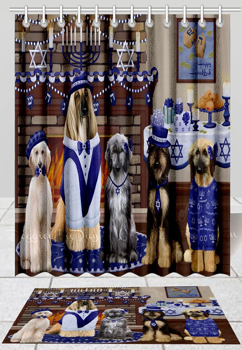Happy Hanukkah Afghan Hound Dog Bath Mat & Shower Curtain Set - Non-Slip Bathroom Decor, Plush Rug & Polyester Curtain with Hooks (Mat 20