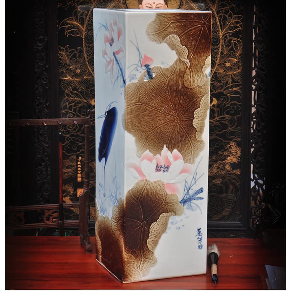 Hand-Painted Chinese Ceramic Vase - Collectible Square Inlay Floor Vase by First-Class Artist | Chinoiserie Home Decor, Perfect for Living Room, Entryway & Luxury Gifts