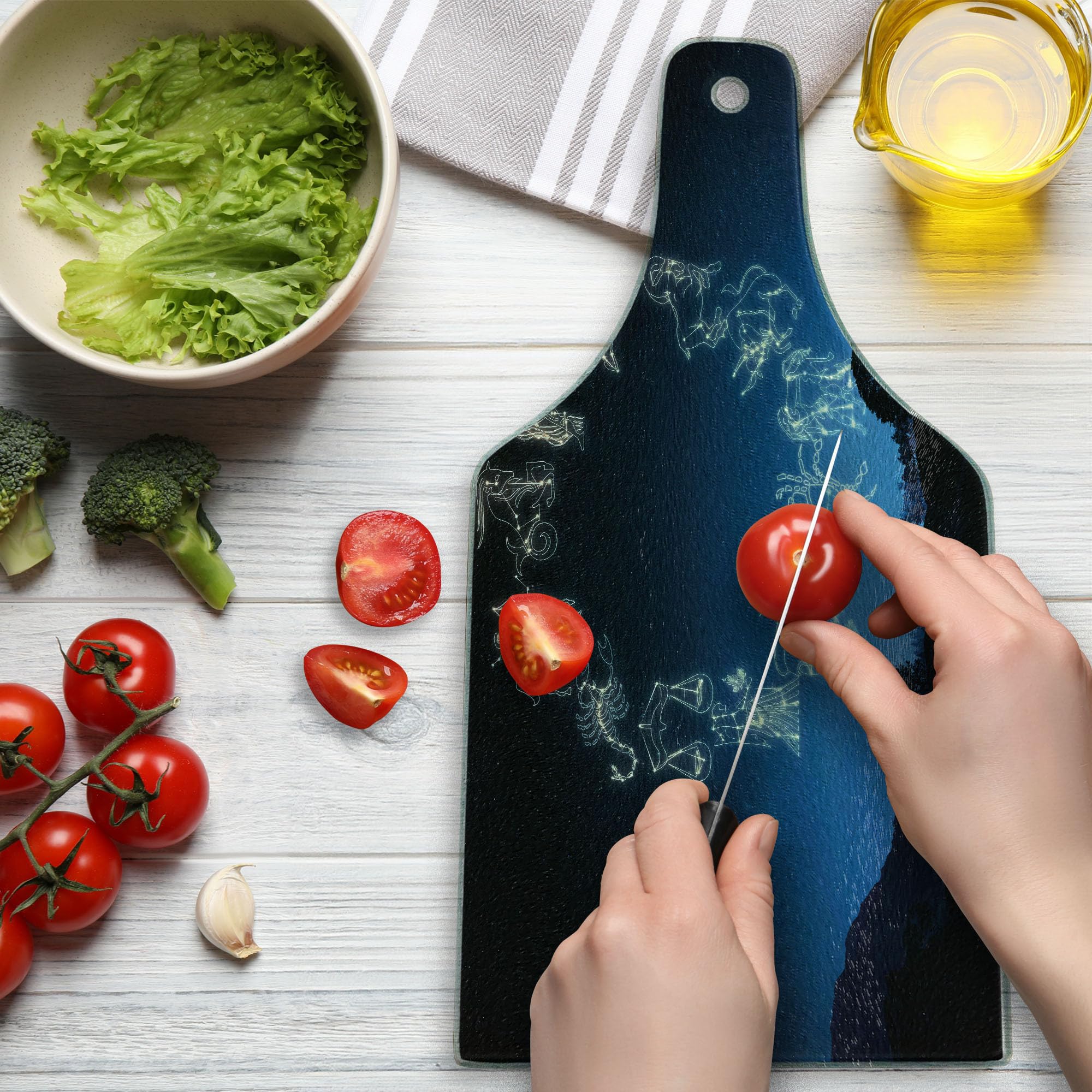 Ambesonne Astrology Cutting Board - Zodiac Sign Design on Tempered Glass, Dark Blue & White Wine Bottle Shape Serving Board for Kitchen & Cheese Platter | Perfect for Home Decor, Dinner Parties & Gift Giving