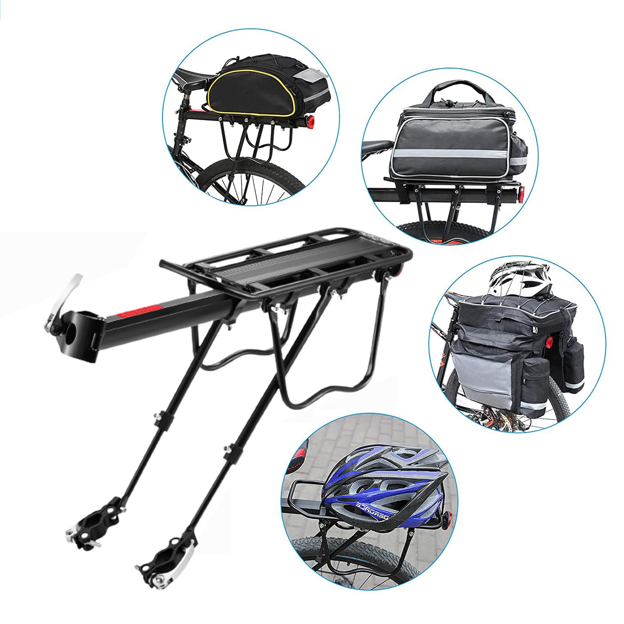 Adjustable Quick Release Bike Rear Rack - 110 Lbs Capacity Bicycle Cargo Carrier with Elastic Straps & Safety Reflector | Perfect for Commuting, Grocery Shopping & Outdoor Adventures