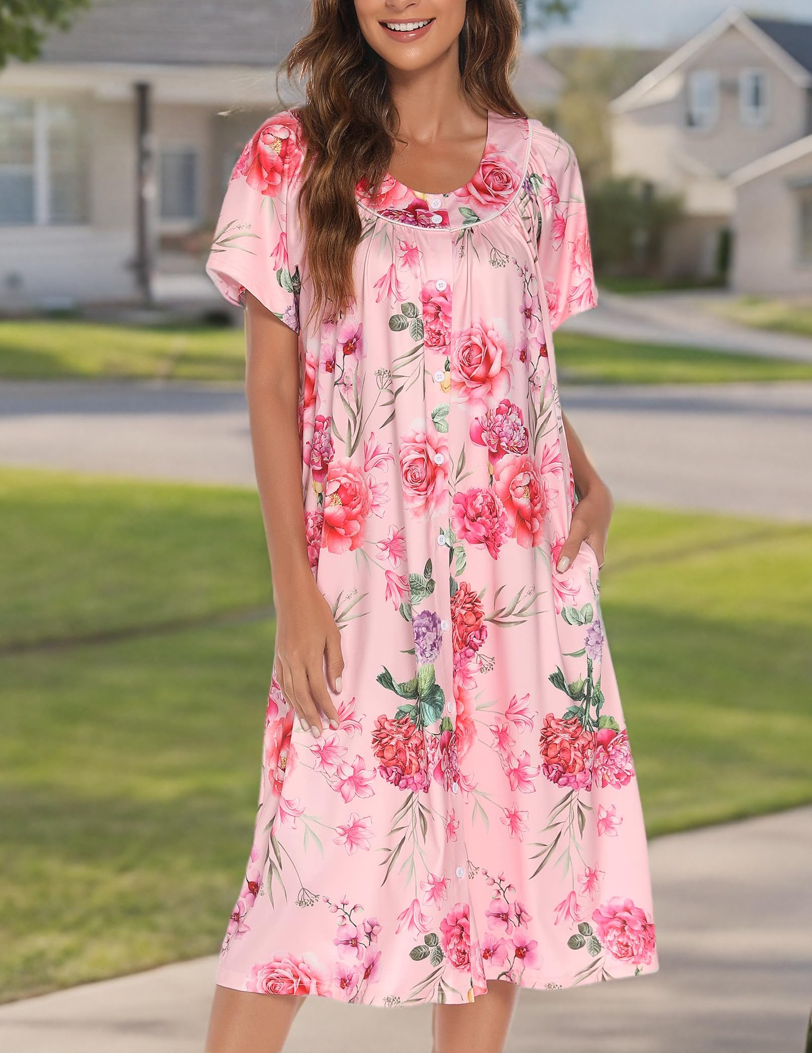 YOZLY Women's Short Sleeve House Dress - Comfortable Mumu Duster Robe with Pockets | Perfect for Lounging at Home, Morning Coffee & Relaxing Weekends