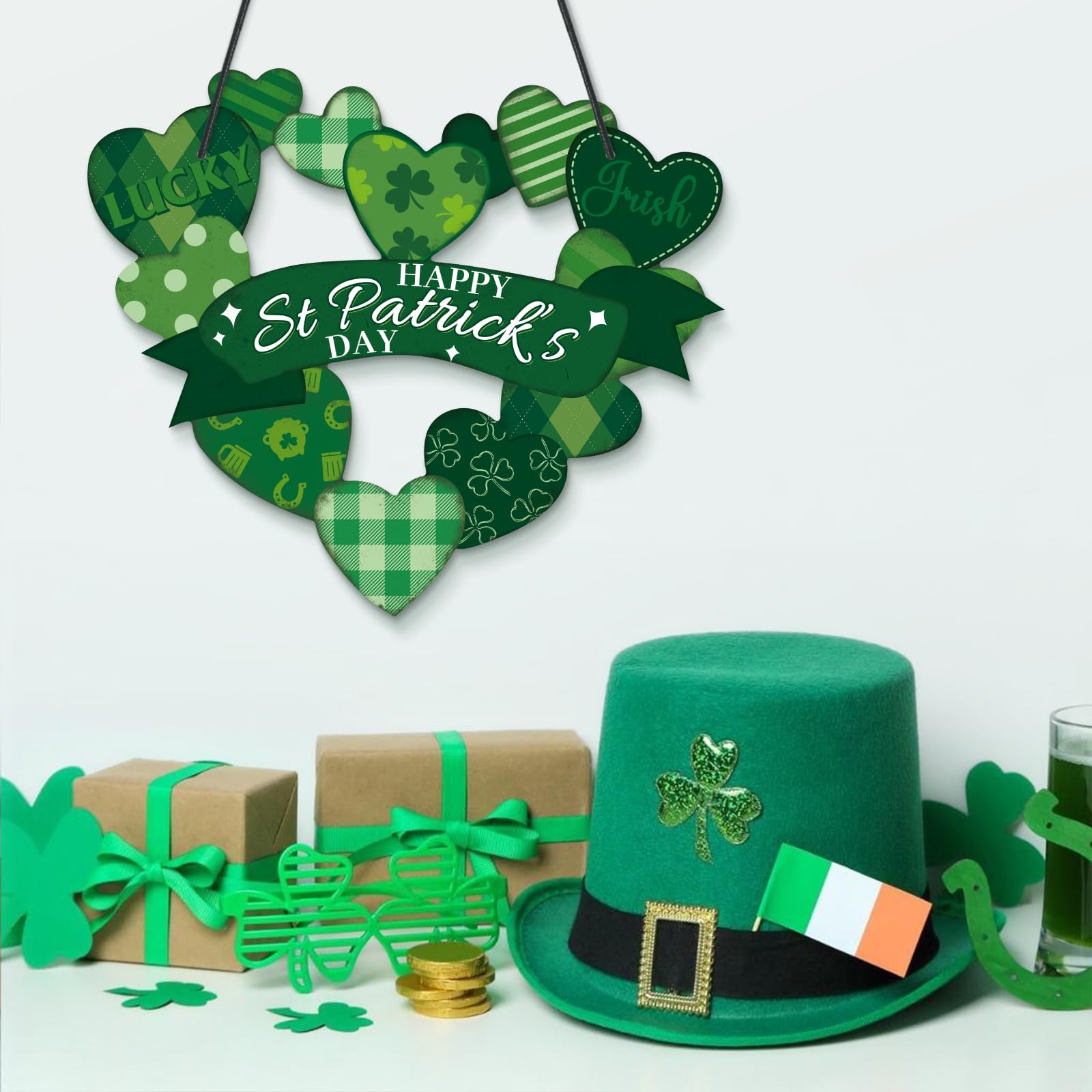 Valentine's Day Heart Wreath - Double-Sided PVC Door Decor for Home & St. Patrick's Day - 14x12 in