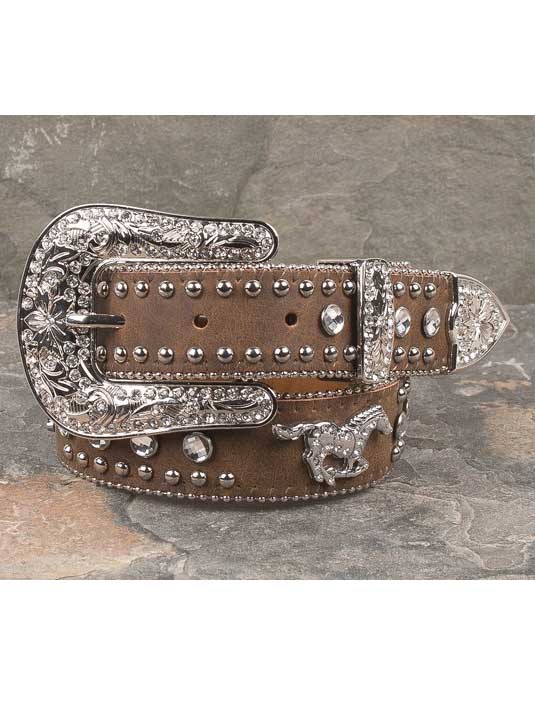 Nocona N4427644 Kids Crystal Horse Leather Belt - Brown Western Belt for Girls | Perfect for Rodeo, Horse Riding & Cowgirl Outfits