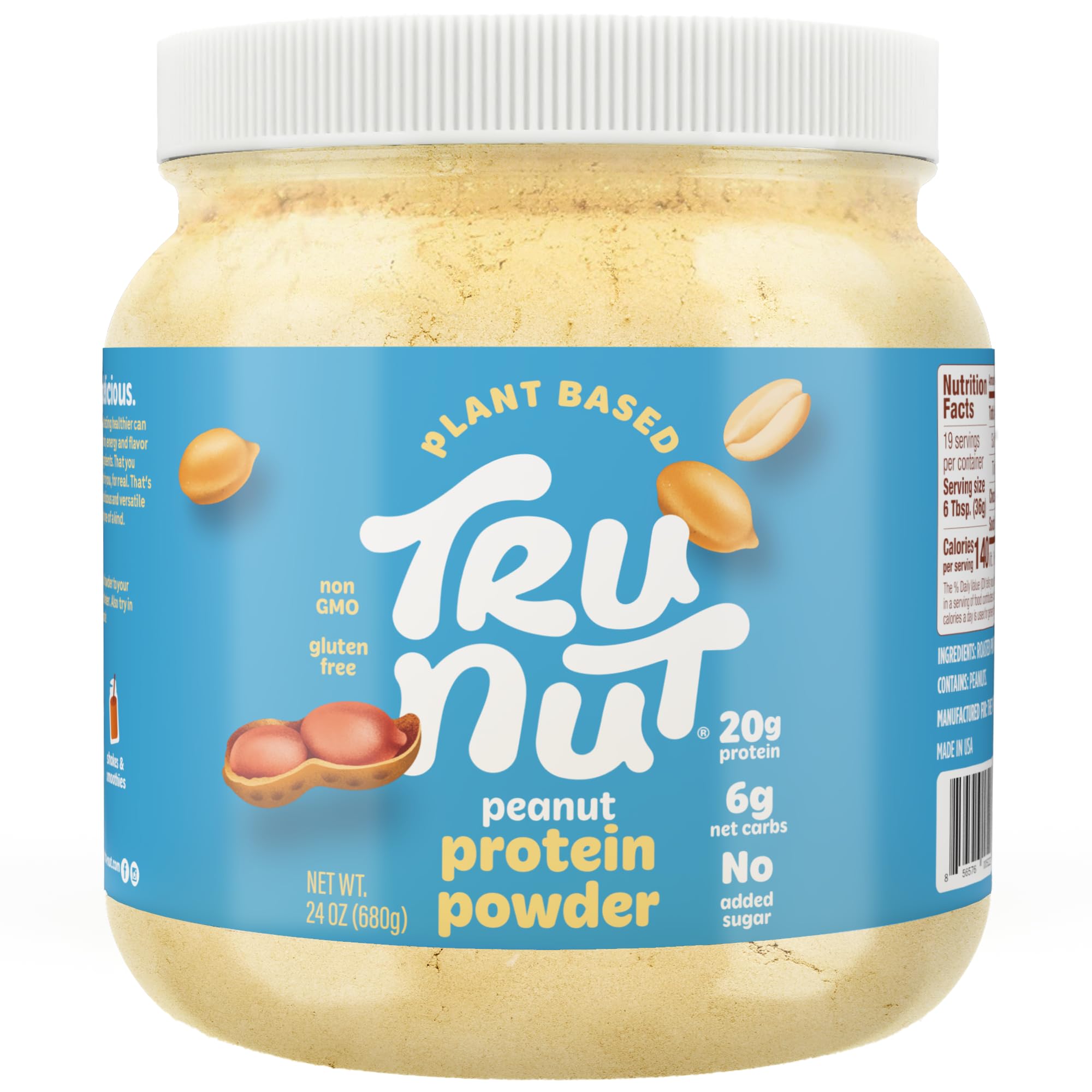 Tru-Nut Peanut Protein Powder - 20g Protein, 140 Calories, Sugar Free, Low Carb, Gluten Free, 24oz | Perfect for Smoothies, Protein Shakes, Baking & Post-Workout Recovery