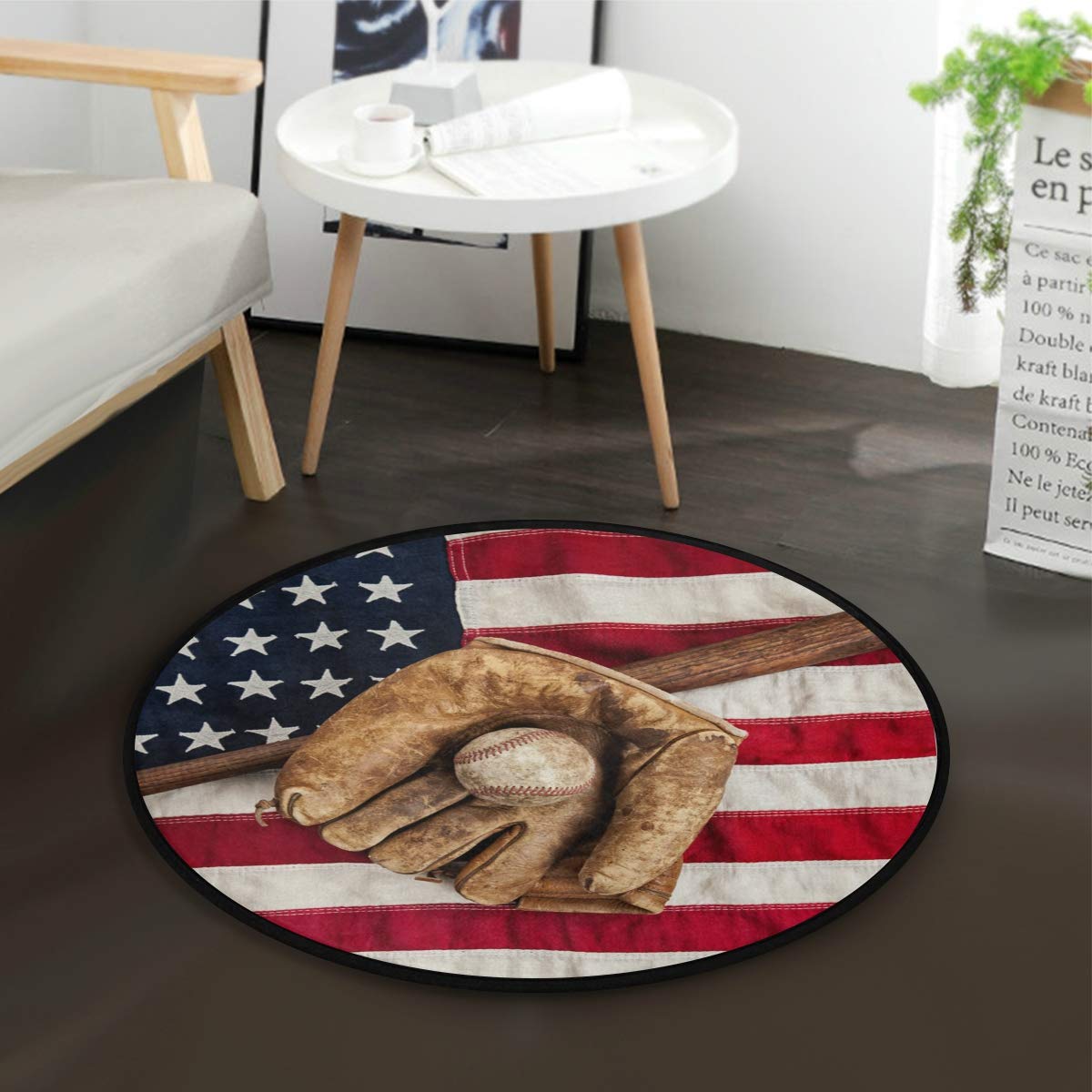 Vintage American Flag Baseball Bat Soft Round Area Rug - 3 Feet Non-Slip Circle Floor Mat for Living Room, Bedroom, Kids Playroom, Yoga & Baby Crawling - Perfect for Home Decor, Children's Activities and Fitness Spaces