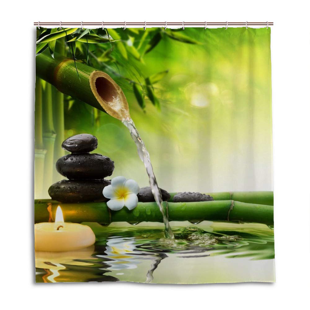Waterproof Polyester Shower Curtain with 12 Hooks - Bamboo Forest & Running Water Design - 66x72 Inch Bathroom Decor - Machine Washable & Durable - Perfect for Modern Bathrooms, Spas, and Guest Baths