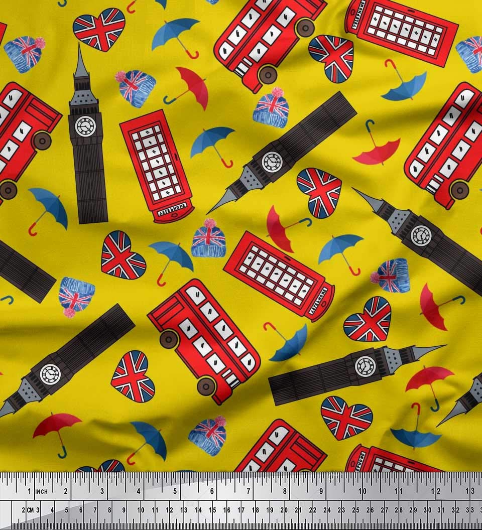 Soimoi Velvet Fabric - London Clock Tower, Telephone Booth & Bus Print - 58 Inch Wide Upholstery Fabric for Home Decor, DIY Projects & Costume Making