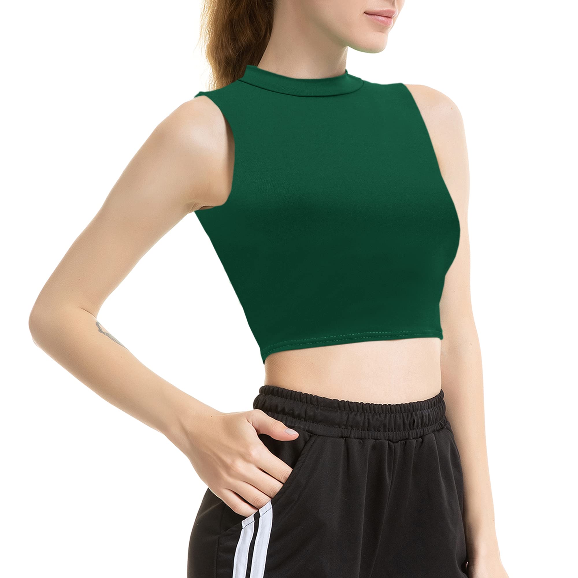 Cindaisy Women's Liquid Metallic Sleeveless Turtleneck Crop Top | Sexy Shiny Clubwear for Rave, Dance Party & Night Out | Fashionable Bodycon Outfit for Concerts & Festivals