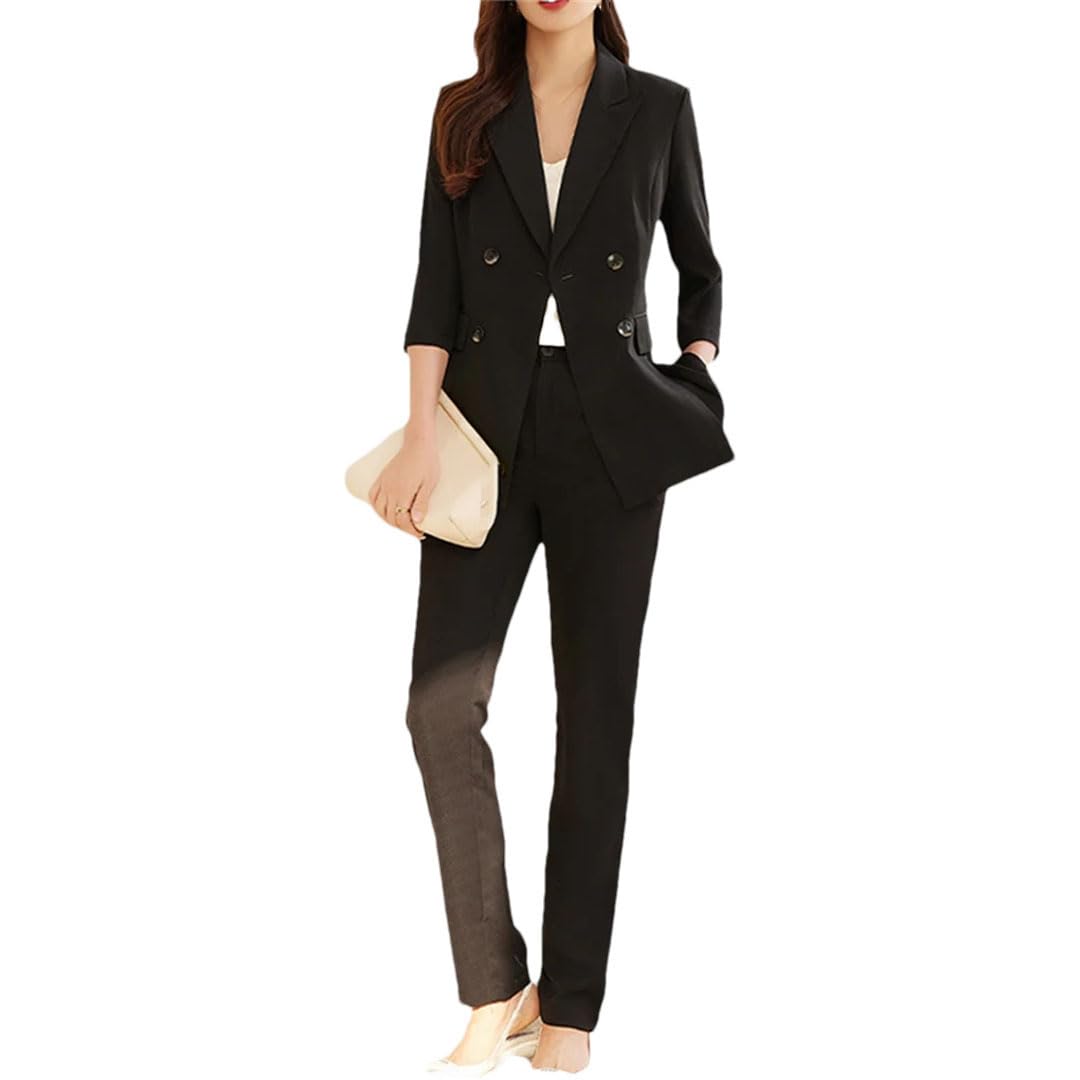 Women's Double Breasted Blazer Suit Set with 3/4 Sleeve Jacket & Trousers - Professional Office Wear, Business Attire, and Formal Outfits for Work or Special Occasions