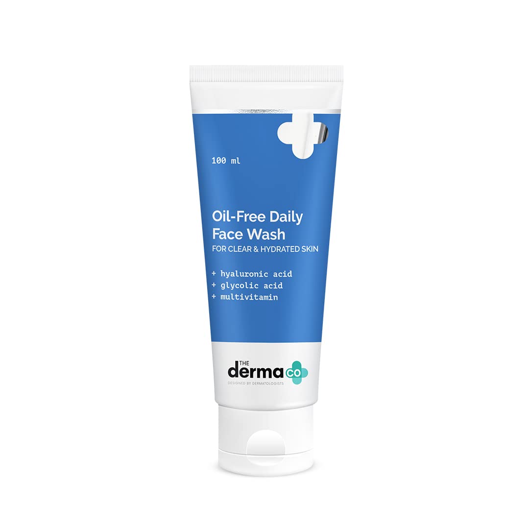 The Derma Co Oil-Free Daily Face Wash with Hyaluronic Acid, Glycolic Acid & Multivitamins - Gentle Cleanser for Clear, Hydrated Skin - 100ml - Perfect for Morning & Night Skincare Routine
