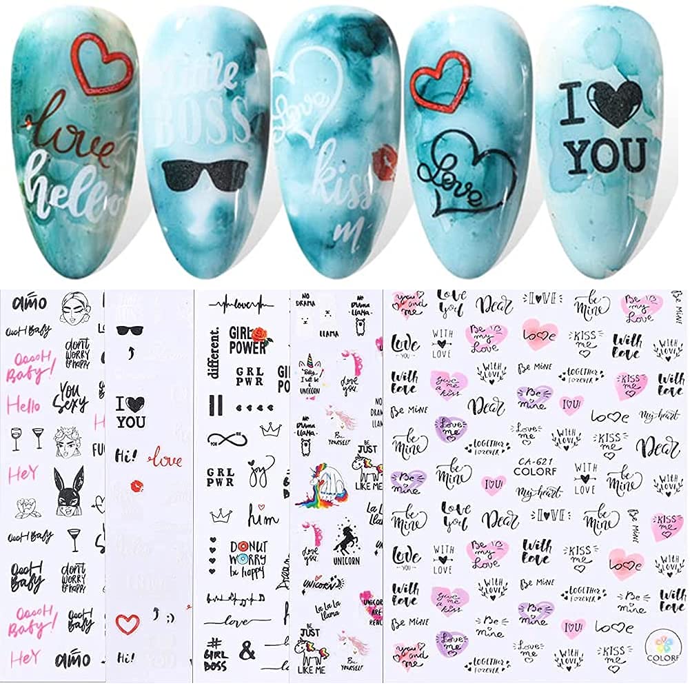 5 Sheets Unicorn Nail Stickers - Cute 3D Self-Adhesive Nail Art Decals with Black Letters & Hearts - DIY Nail Decoration Supplies for Women, Girls & Kids - Perfect for Parties, Gifts & Acrylic Nail Designs