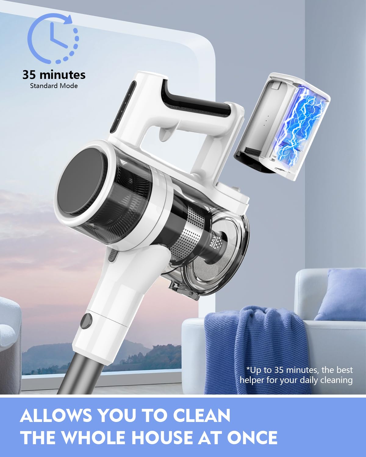 Powerful Cordless Vacuum Cleaner for Home - 80,000 RPM Motor, 2200mAh Removable Battery (35 Min Runtime), 2 Speed Modes & Detachable Parts | Lightweight Stick Vacuum in White Zinc Gray | Perfect for Hard Floors, Carpets & Pet Hair Cleaning