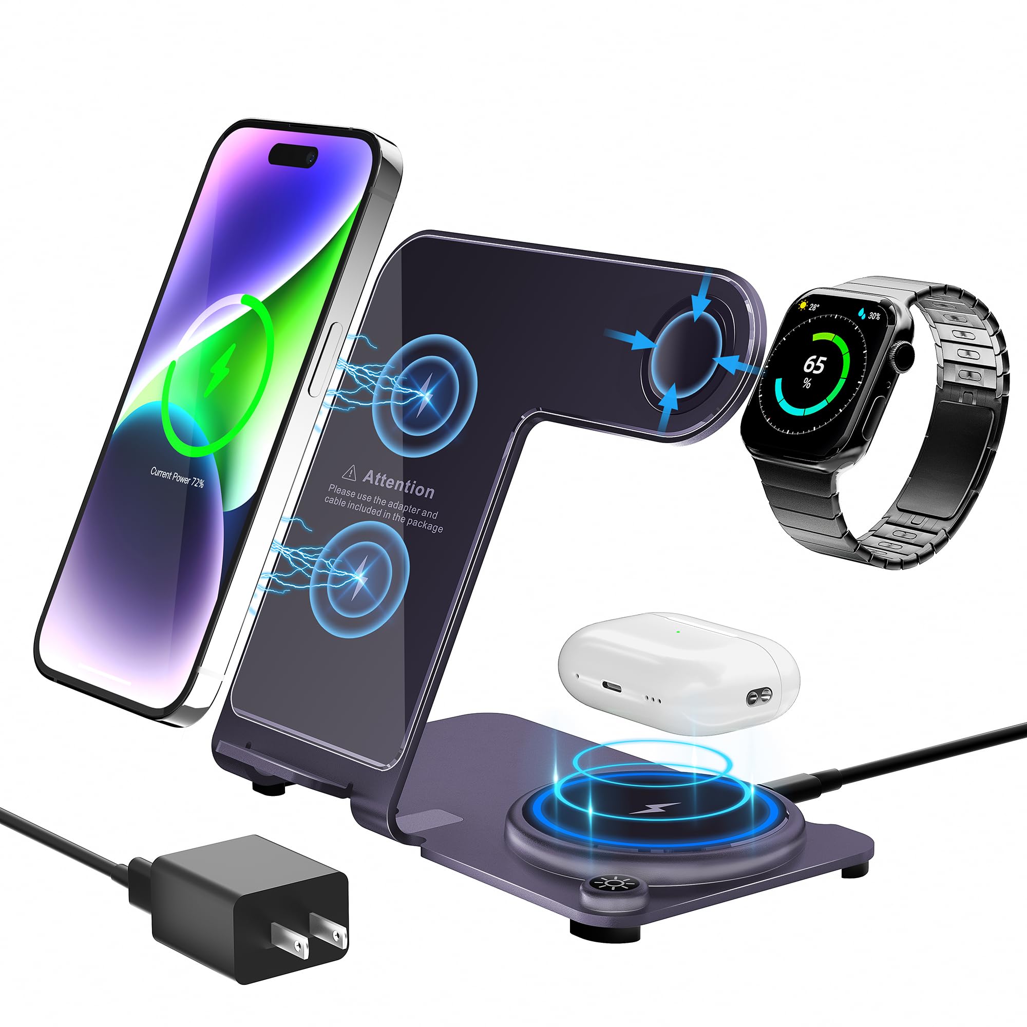 3-in-1 Aluminum Alloy Wireless Charging Station for iPhone 15/14/13/12/11 Pro Max, Apple Watch Series 8/7/6/SE/5/4, AirPods Pro/3/2 - Fast Qi Wireless Charger Pad for Bedside, Office & Travel