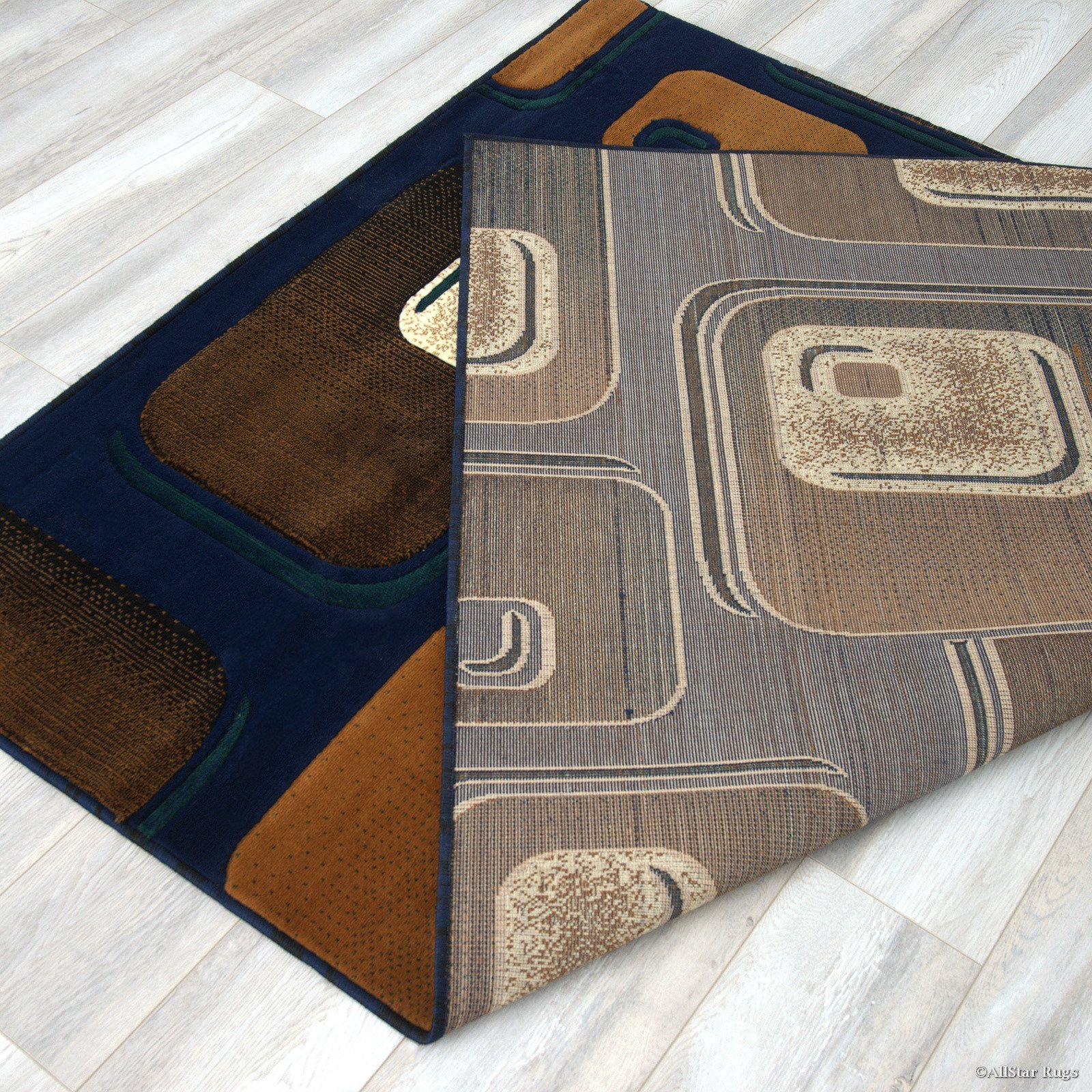 Allstar 5x7 Navy Blue & Mocha Modern Machine Carved Rectangular Accent Rug with Ivory Geometric Design - 5'2
