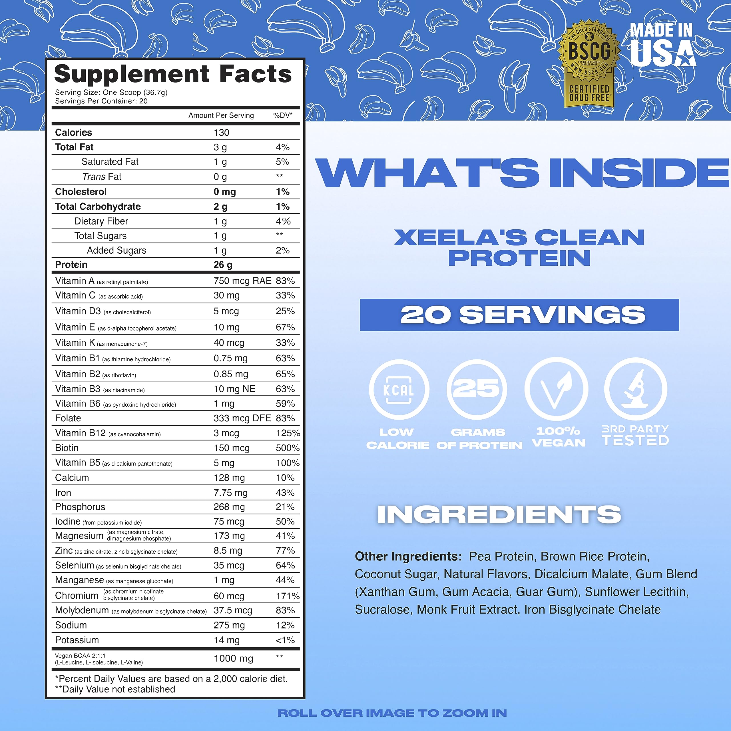 XEELA Plant Based Vegan Protein Powder - 25g High Protein, Pea Protein for Men & Women - Non GMO, Dairy & Gluten Free, Low Carb & Low Fat - Independently Lab Tested - Vitamins & Minerals (Banana Split Flavor) | Perfect for Post-Workout Recovery, Smoothies & Healthy Baking