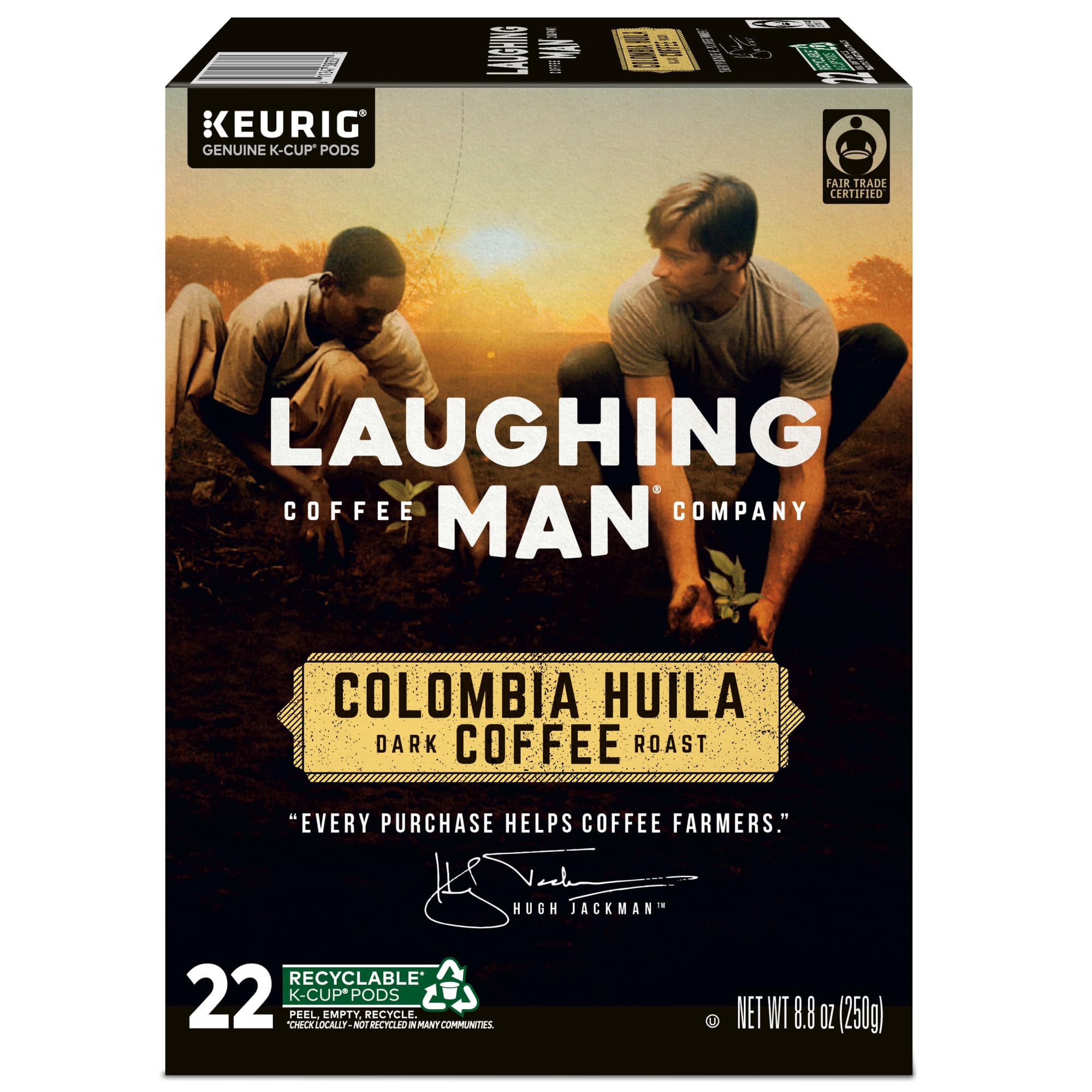 Premium Laughing Man Colombia Huila Dark Roast Coffee - Keurig Single Serve K-Cup Pods (88 Count, 4 Packs of 22) - Rich & Bold Flavor for Home, Office or Breakfast Brewing