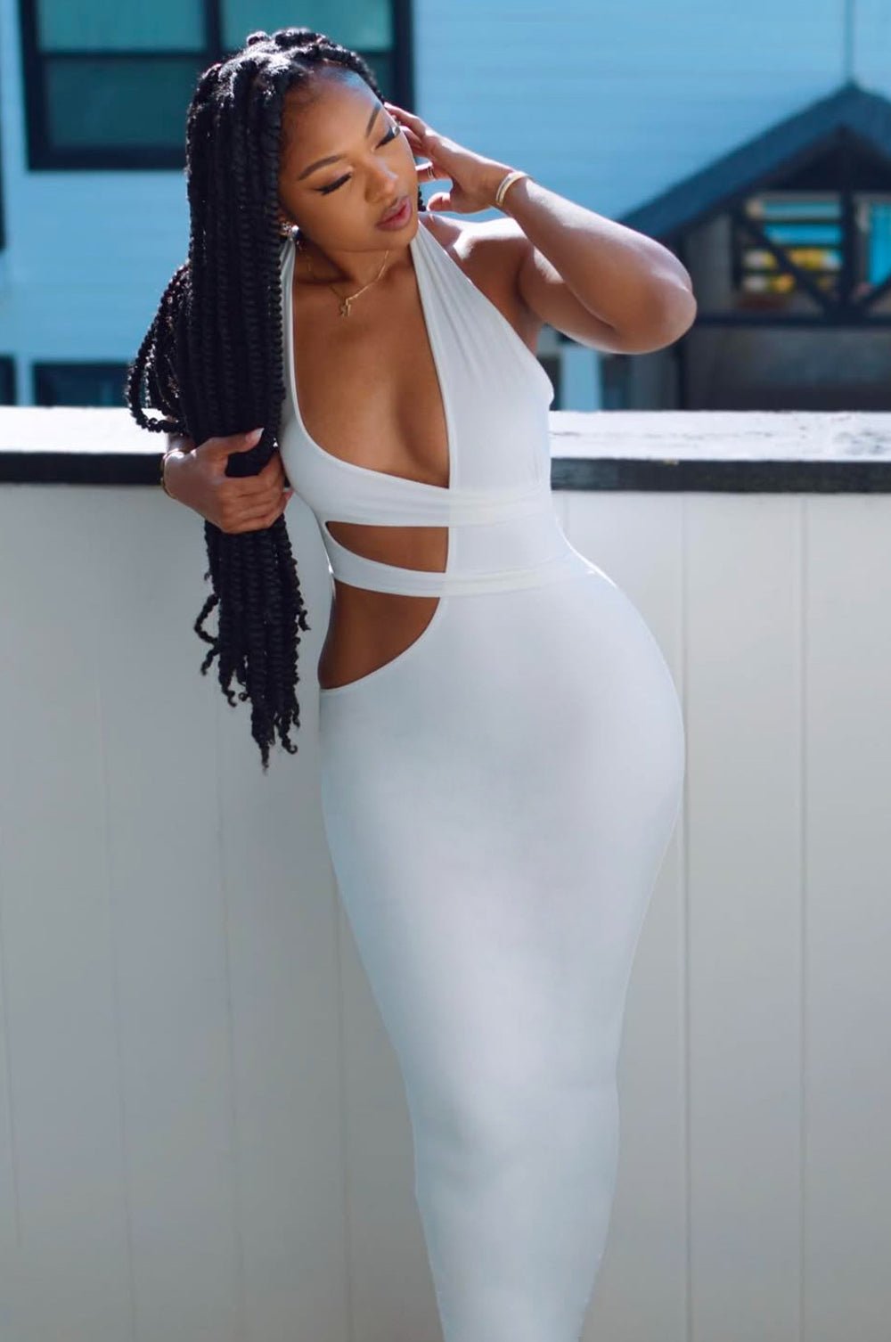 Elegant White One Shoulder Cut Out Midi Dress for Women - Summer Party, Cocktail, Wedding Guest Outfit