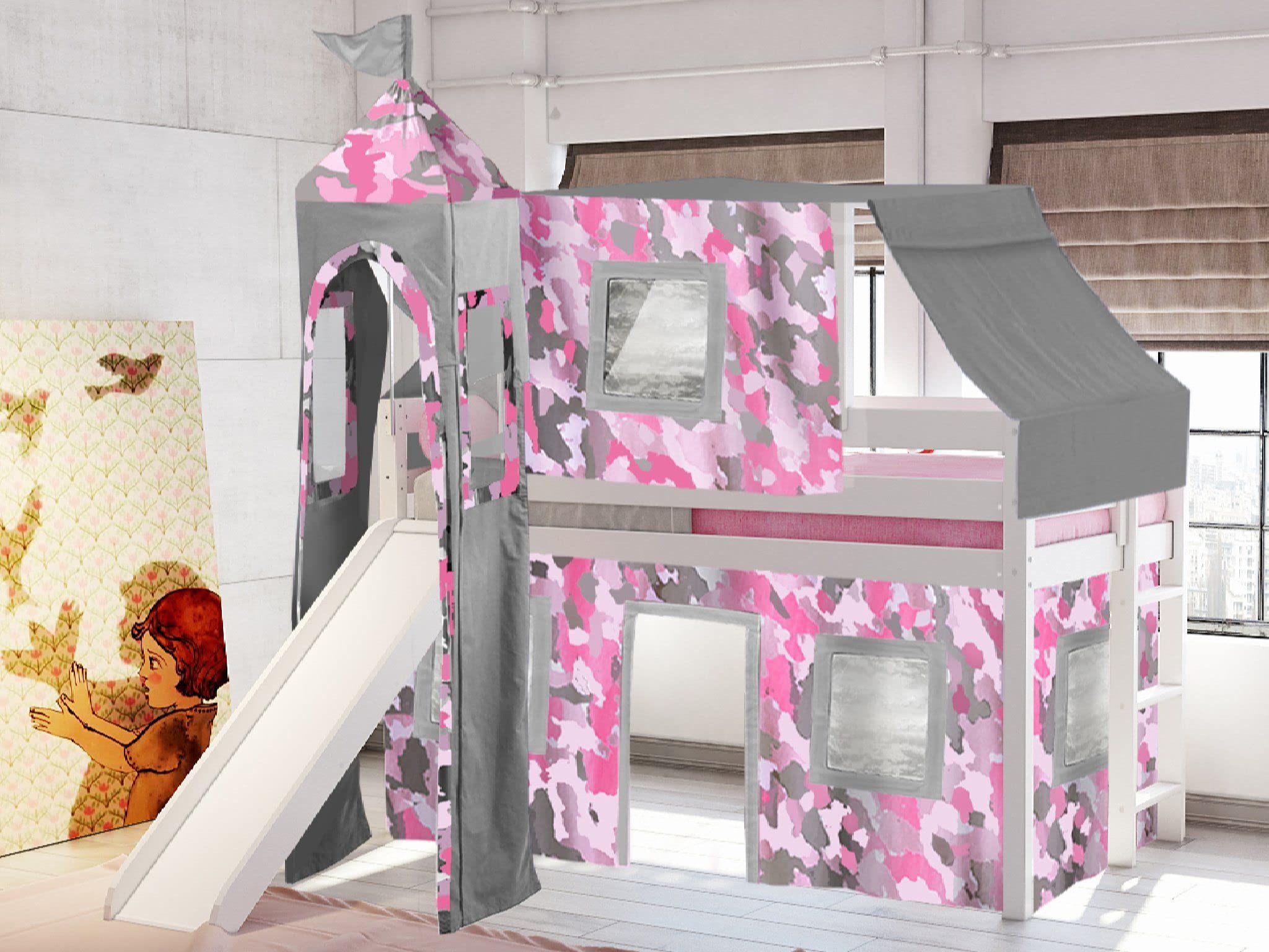 Princess Low Loft Twin Bed with Slide, Pink Camo Tent & Tower - White Kids Bedroom Furniture for Girls' Room Decor & Play Area